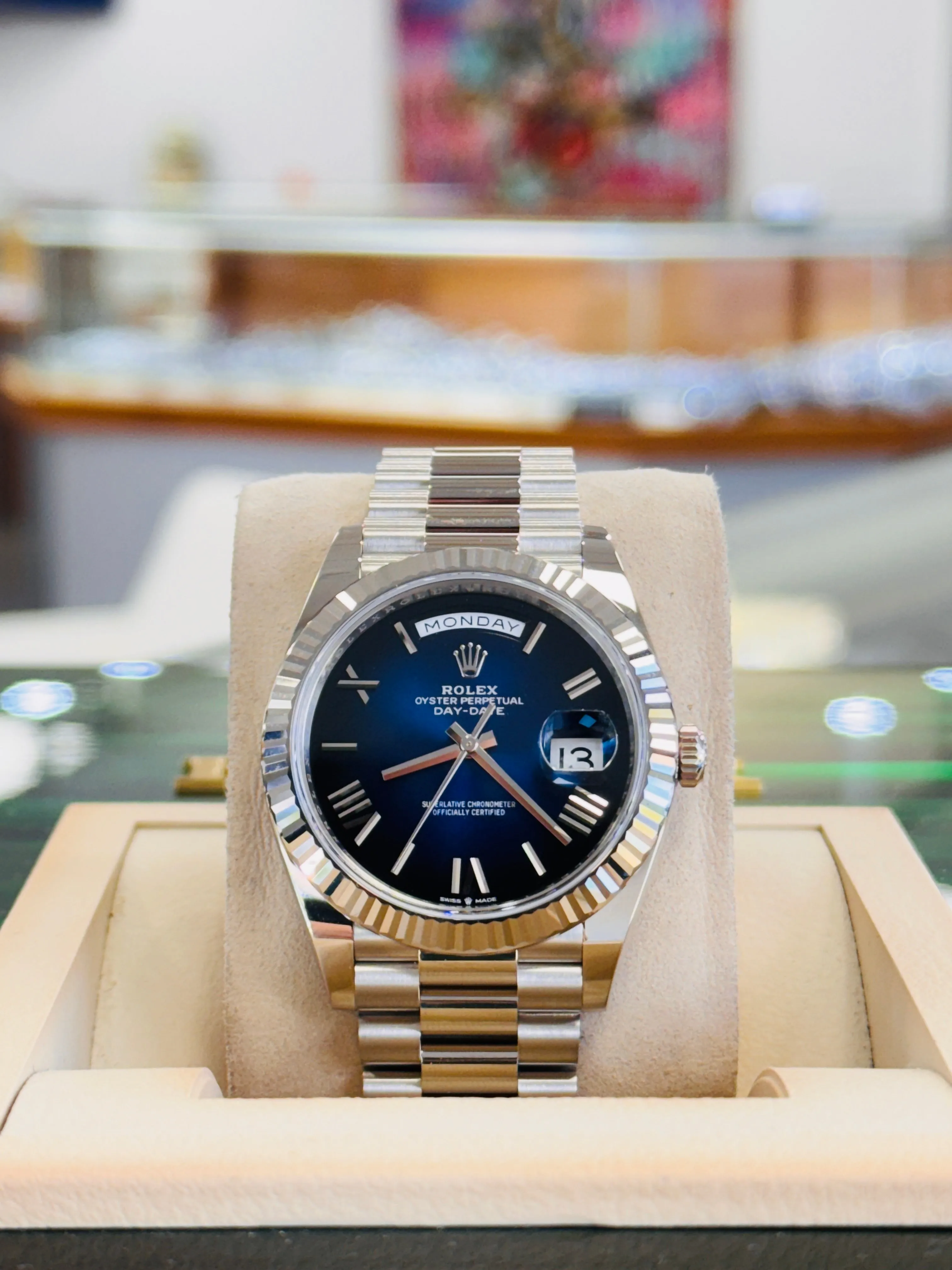   x Day-Date 40 228239 White Gold Fluted Bezel Blue Ombre Dial President Bracelet  Unworn Box and Papers