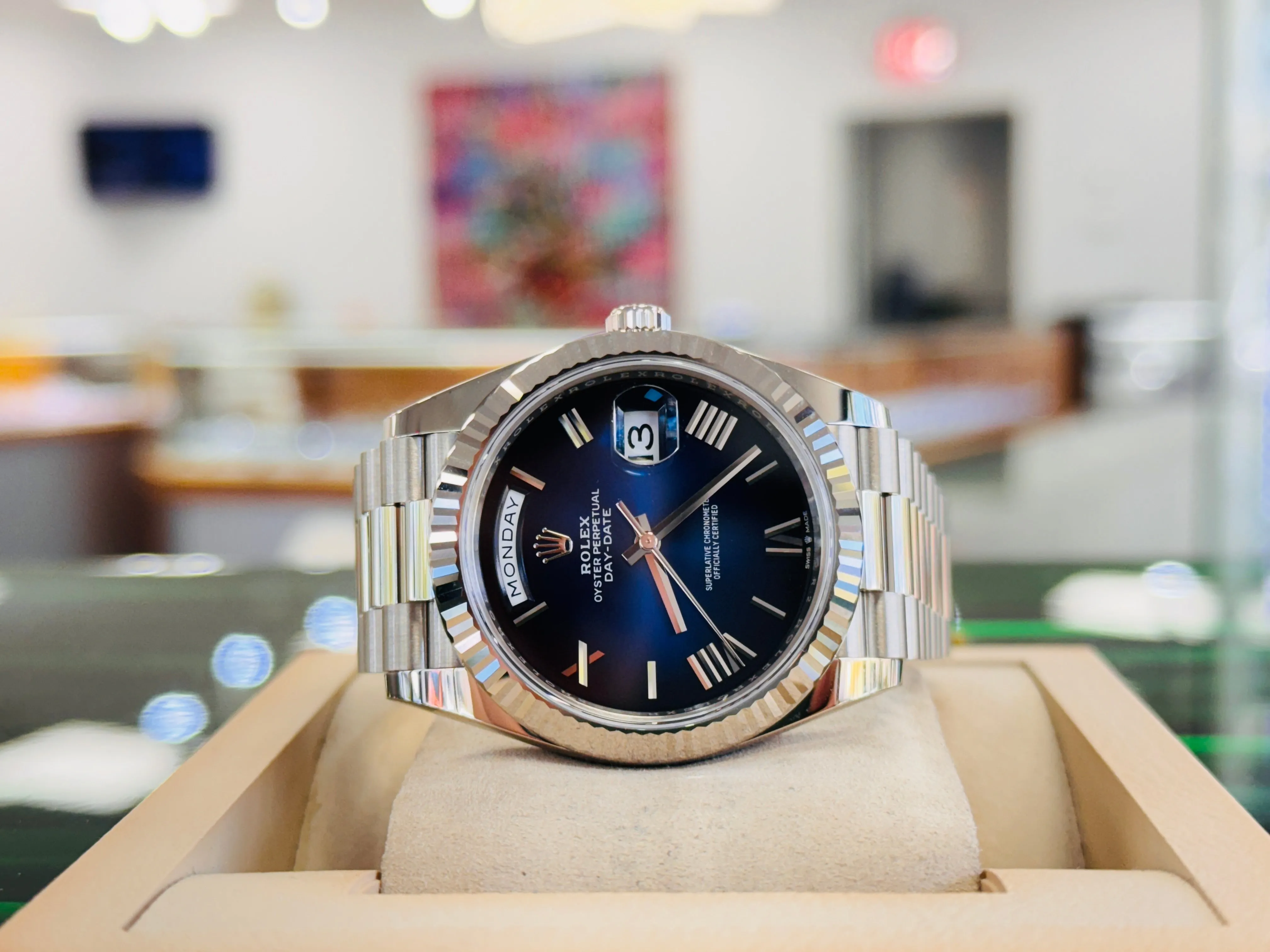   x Day-Date 40 228239 White Gold Fluted Bezel Blue Ombre Dial President Bracelet  Unworn Box and Papers