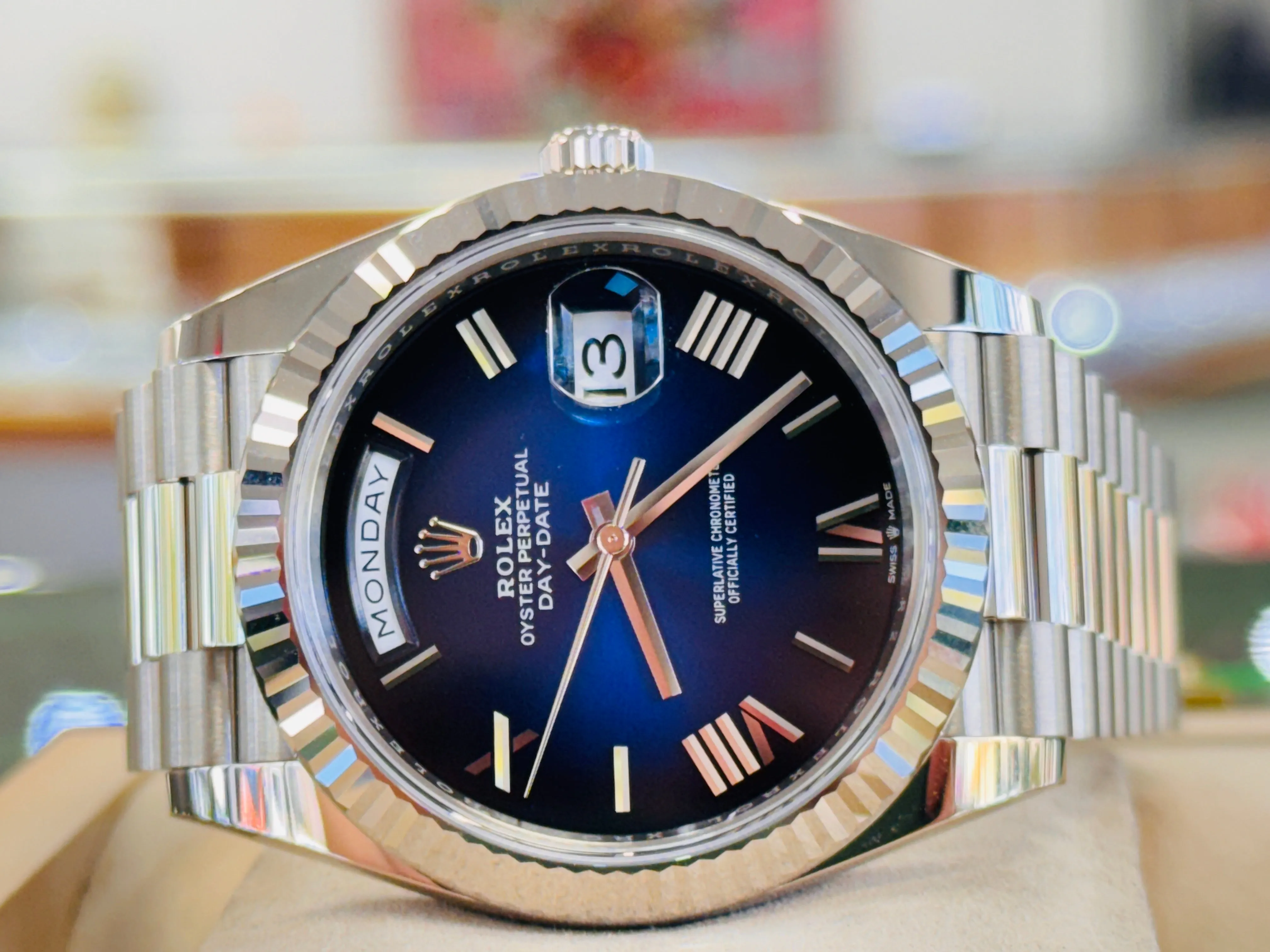   x Day-Date 40 228239 White Gold Fluted Bezel Blue Ombre Dial President Bracelet  Unworn Box and Papers
