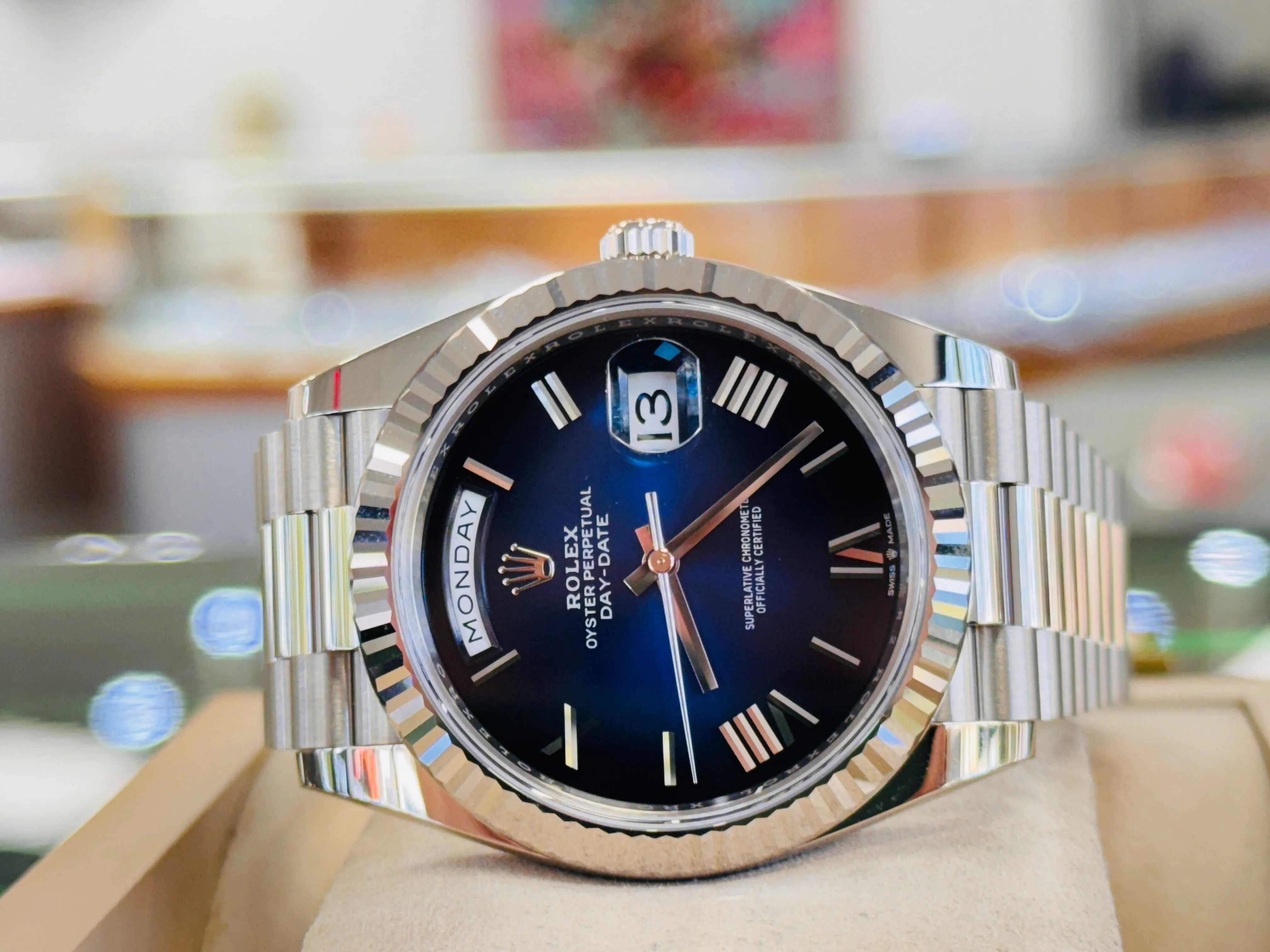   x Day-Date 40 228239 White Gold Fluted Bezel Blue Ombre Dial President Bracelet  Unworn Box and Papers