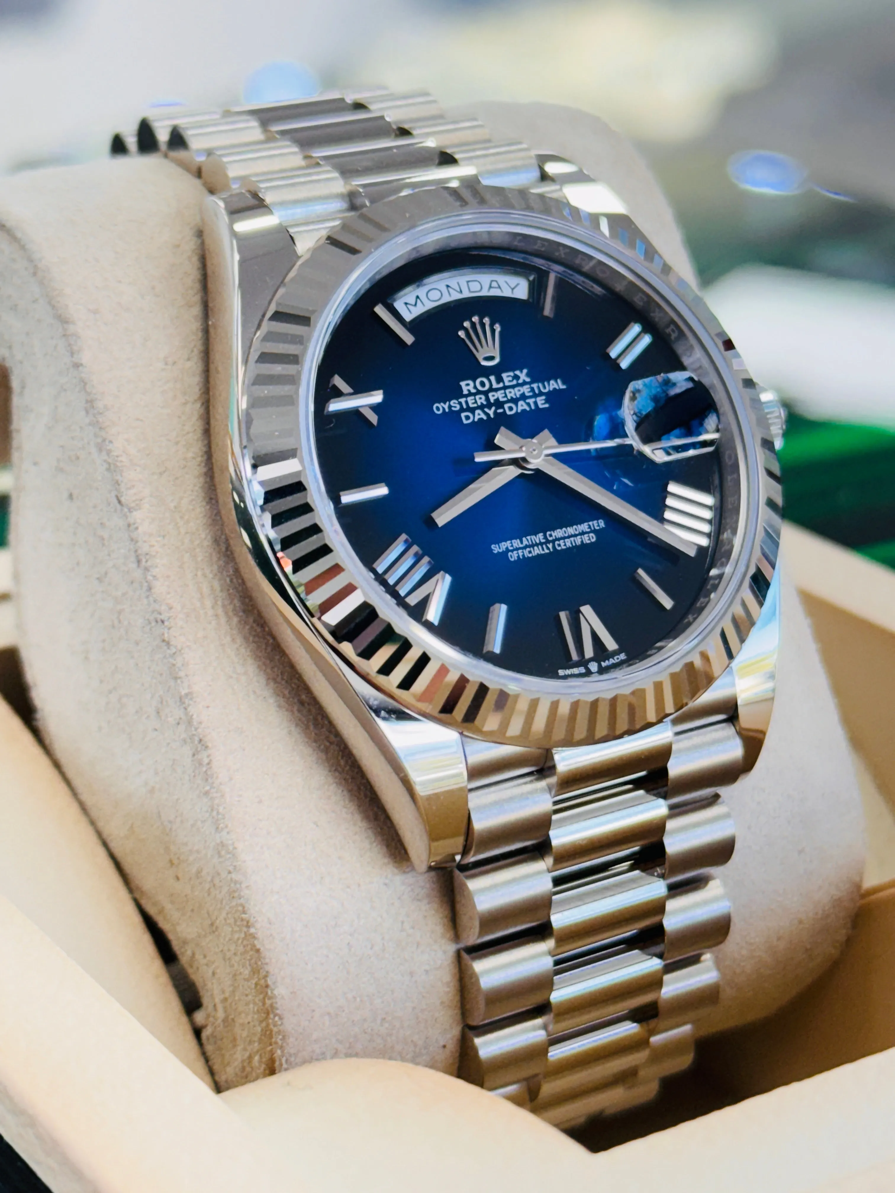   x Day-Date 40 228239 White Gold Fluted Bezel Blue Ombre Dial President Bracelet  Unworn Box and Papers