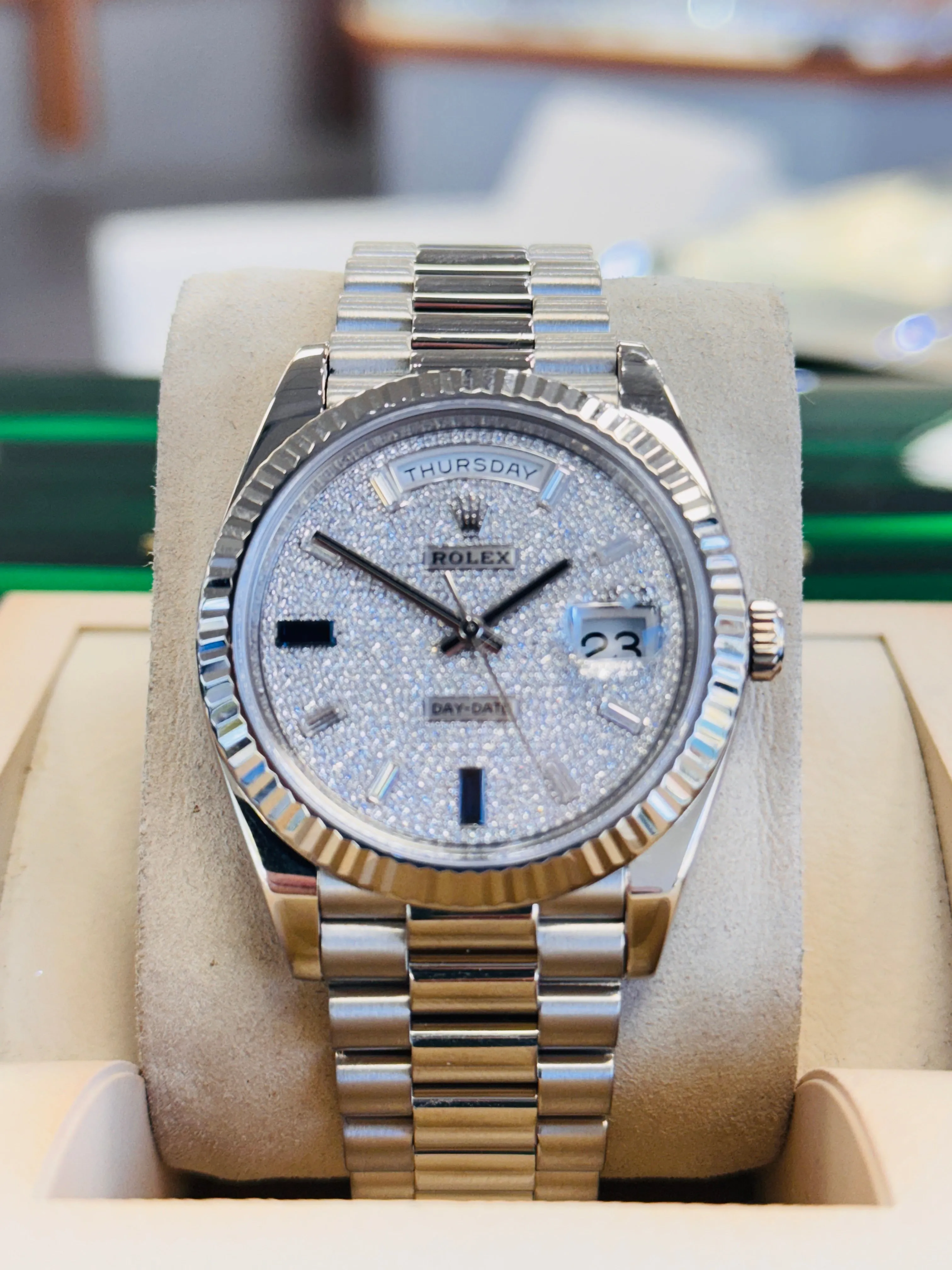   x Day-Date 40 228239 White Gold Fluted Bezel  Factory Paved Diamond and Sapphire Dial  President Bracelet  Box and Papers  MINT