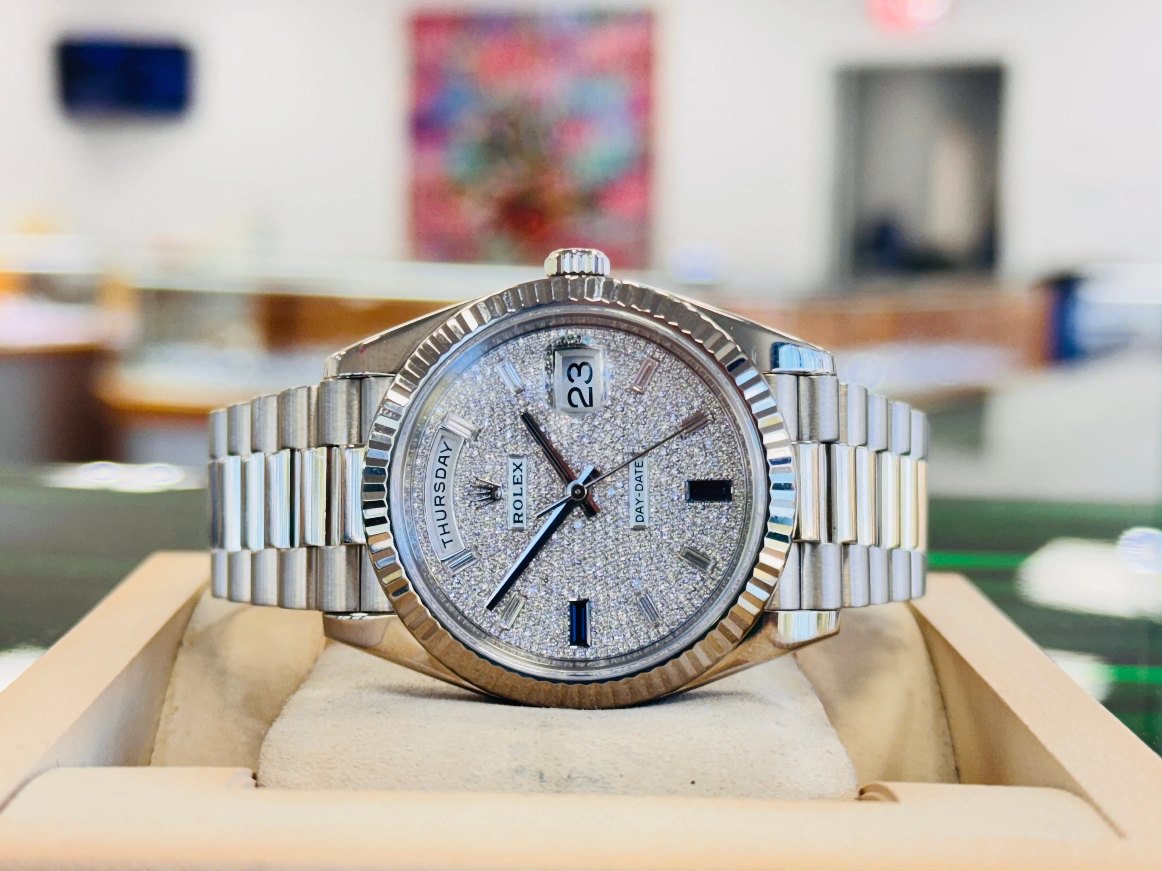   x Day-Date 40 228239 White Gold Fluted Bezel  Factory Paved Diamond and Sapphire Dial  President Bracelet  Box and Papers  MINT