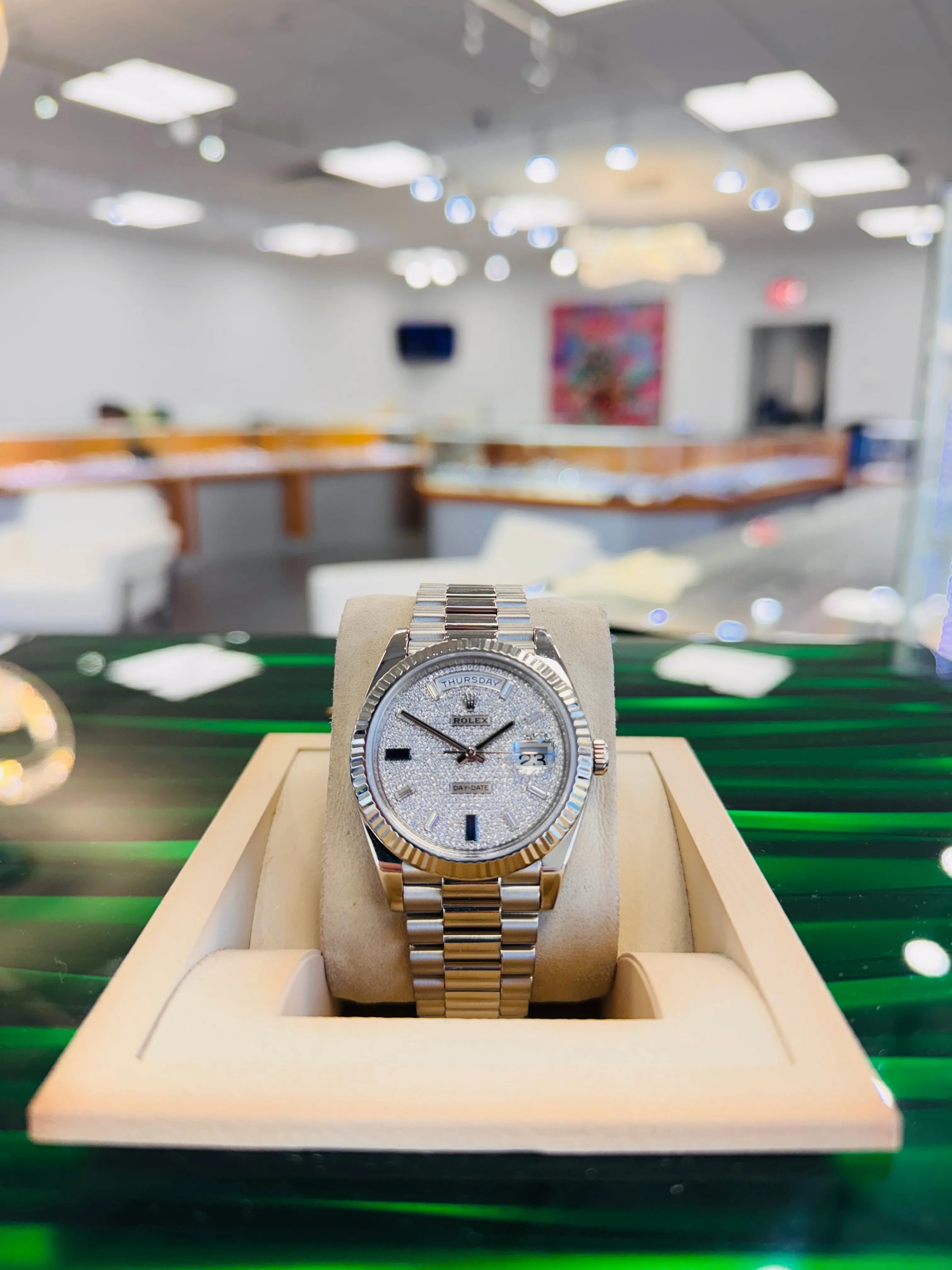   x Day-Date 40 228239 White Gold Fluted Bezel  Factory Paved Diamond and Sapphire Dial  President Bracelet  Box and Papers  MINT