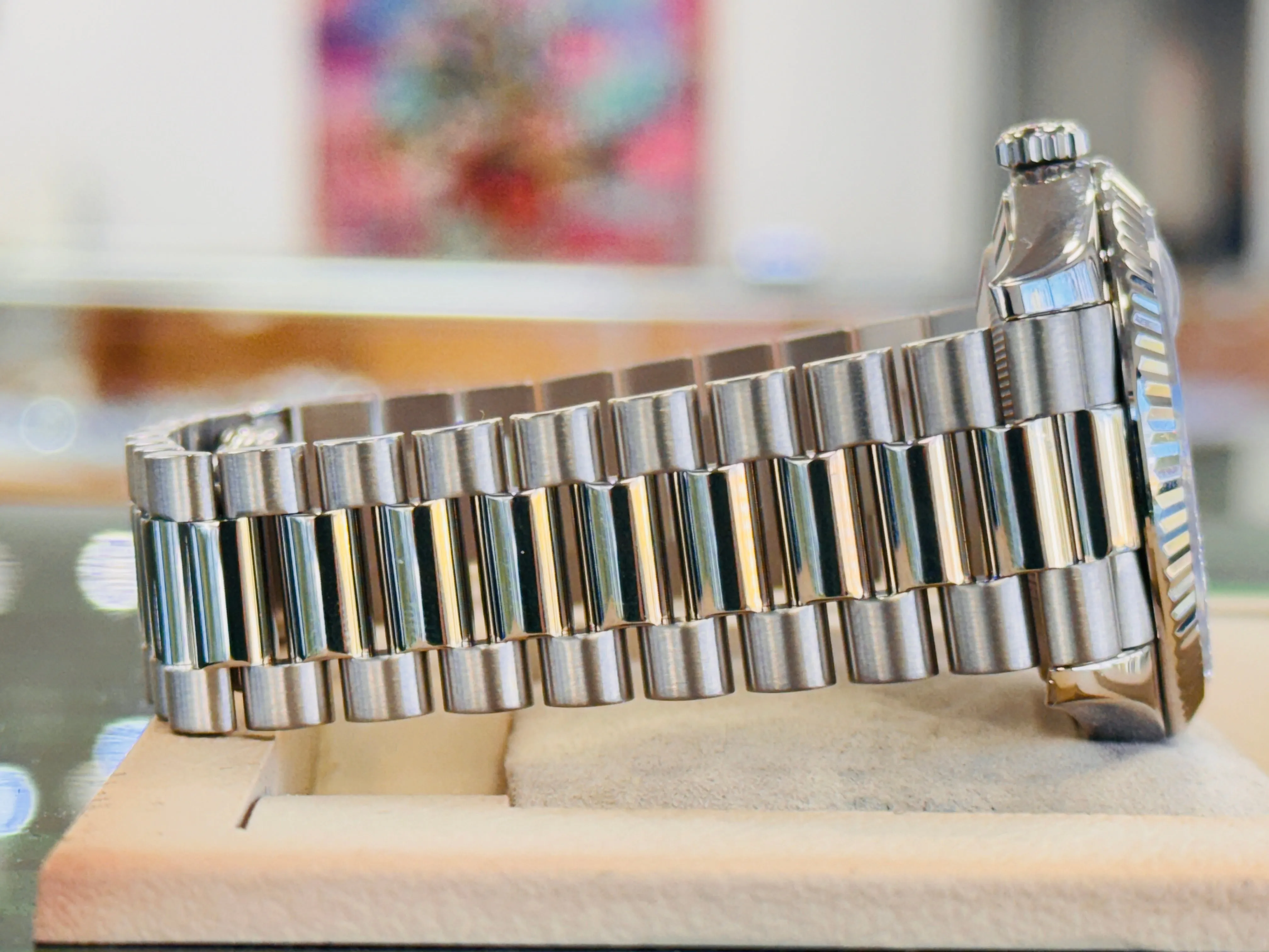  x Day-Date 40 228239 White Gold Fluted Bezel  Factory Paved Diamond and Sapphire Dial  President Bracelet  Box and Papers  MINT