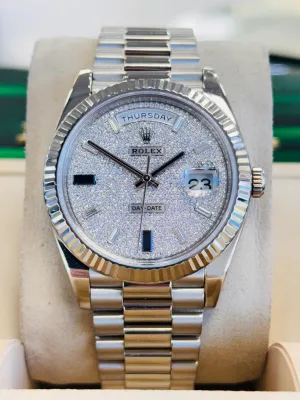   x Day-Date 40 228239 White Gold Fluted Bezel  Factory Paved Diamond and Sapphire Dial  President Bracelet  Box and Papers  MINT   x day?date watch day date waterproof watch