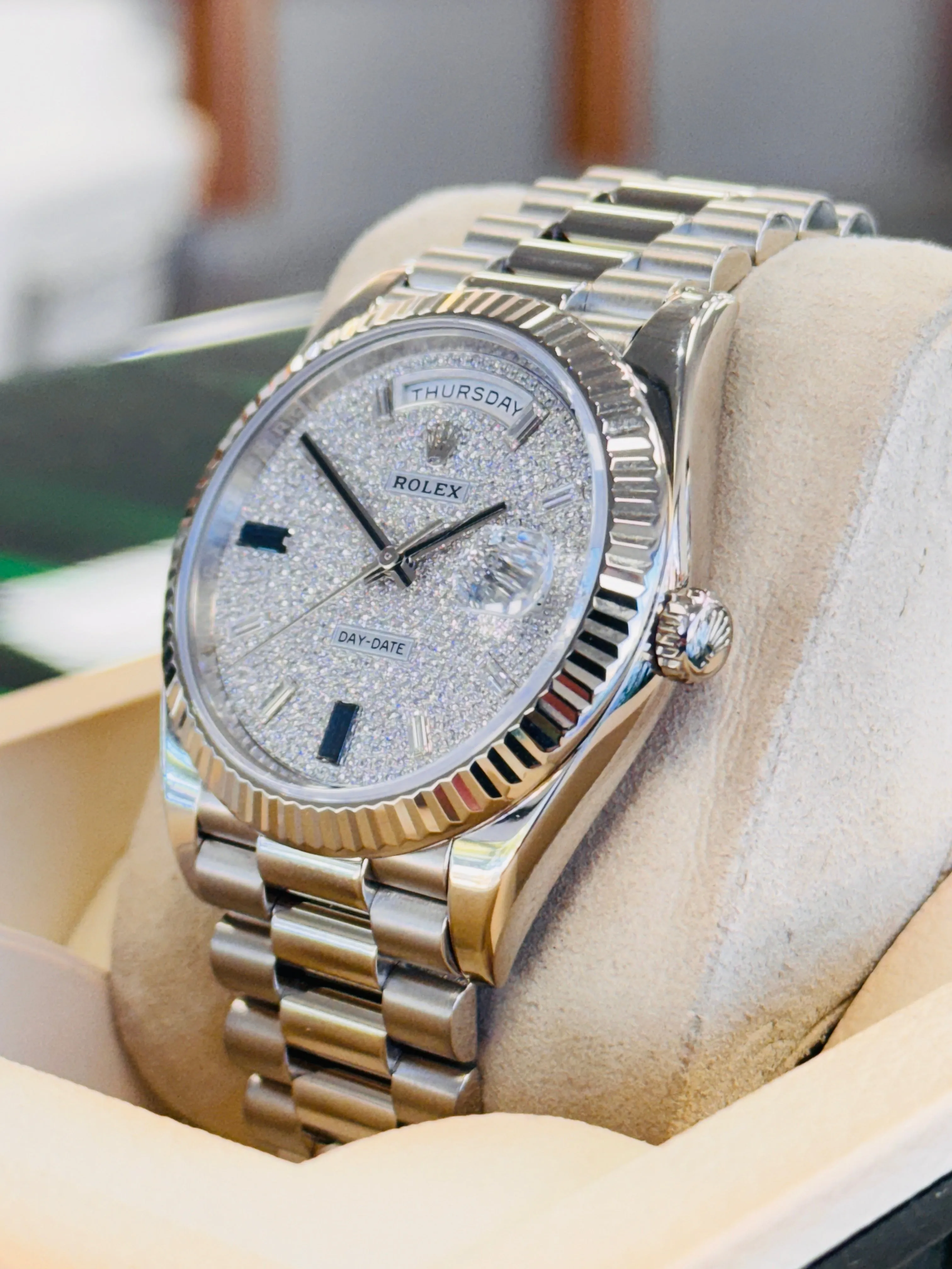   x Day-Date 40 228239 White Gold Fluted Bezel  Factory Paved Diamond and Sapphire Dial  President Bracelet  Box and Papers  MINT