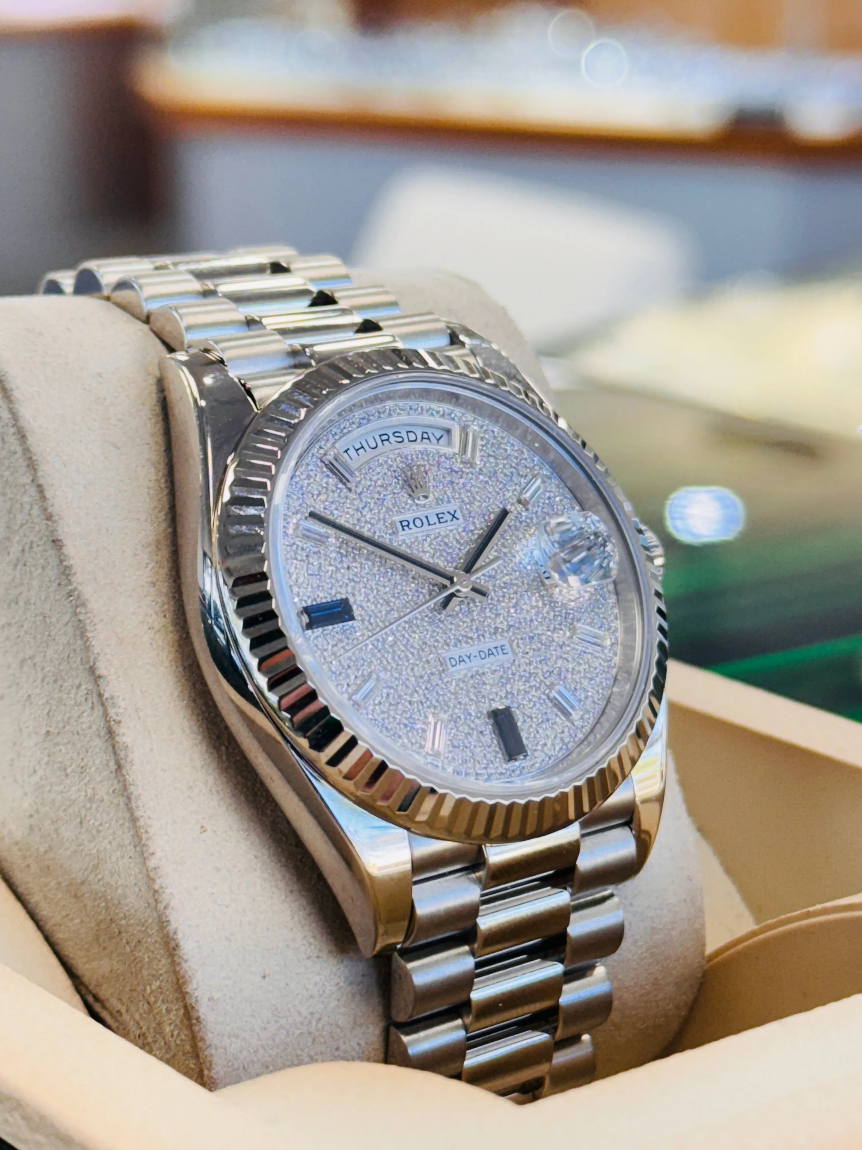   x Day-Date 40 228239 White Gold Fluted Bezel  Factory Paved Diamond and Sapphire Dial  President Bracelet  Box and Papers  MINT