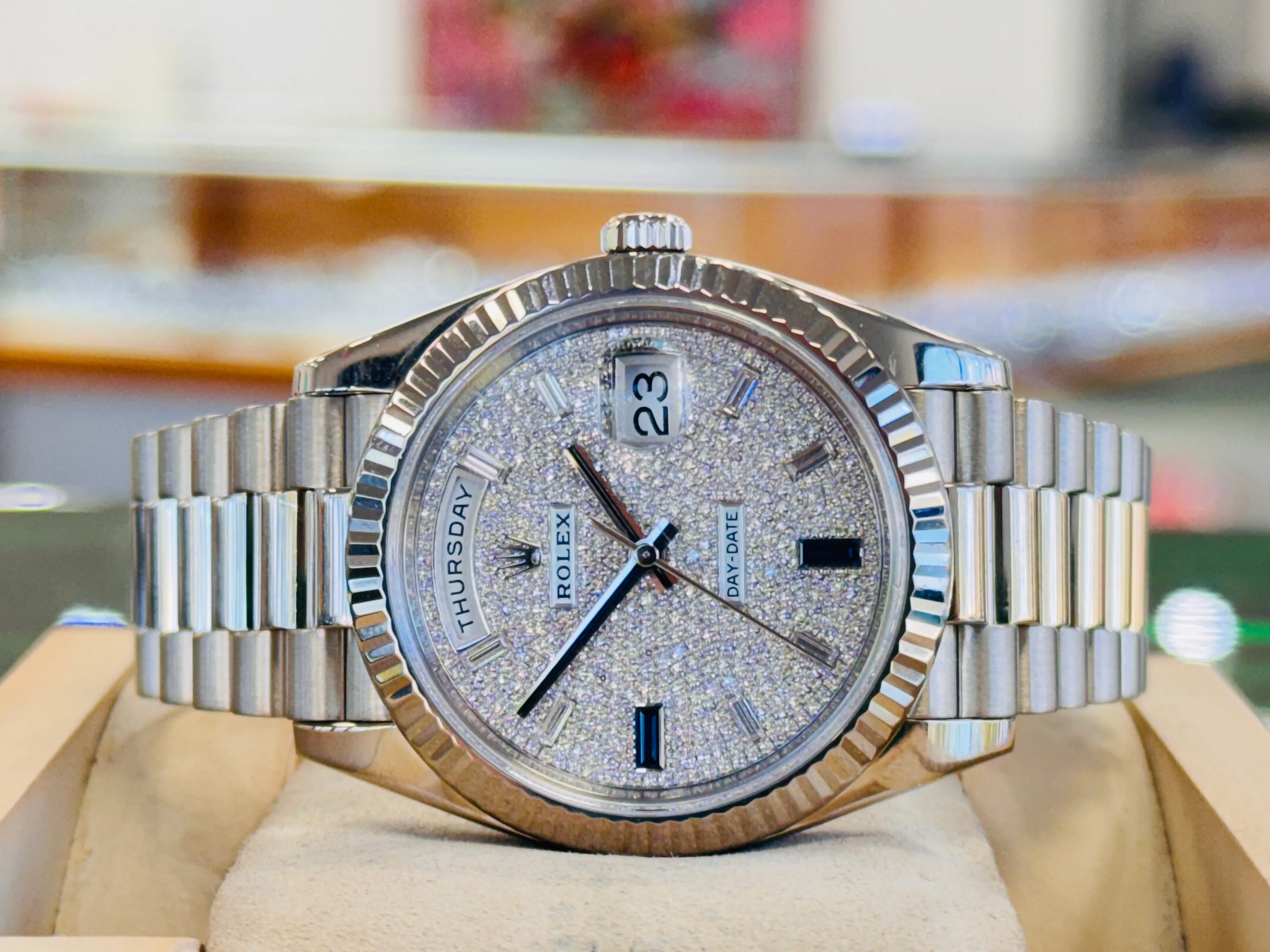   x Day-Date 40 228239 White Gold Fluted Bezel  Factory Paved Diamond and Sapphire Dial  President Bracelet  Box and Papers  MINT
