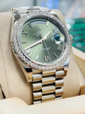   x Day-Date 40 228349RBR President 18K White Gold Olive Green Dial Factory Diamond Bezel MINT   x day?date watch day date waterproof watch