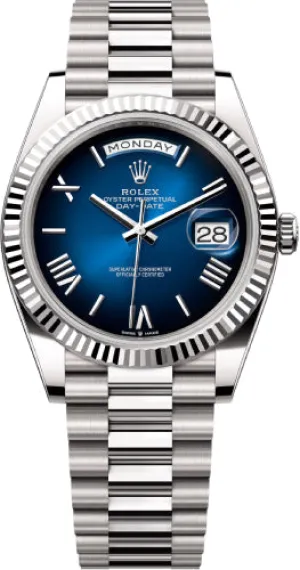   x Day-Date 40 40mm Blue Ombr Dial Fluted Bezel President Bracelet - 228239 | 2024 Model Day-Date Watches Affordable Day-Date Watch