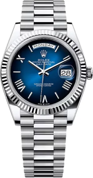   x Day-Date 40 40mm Blue Ombr Roman Dial Fluted Bezel President Bracelet - 228236 | 2024 Model Day-Date Watches Affordable Day-Date Watch
