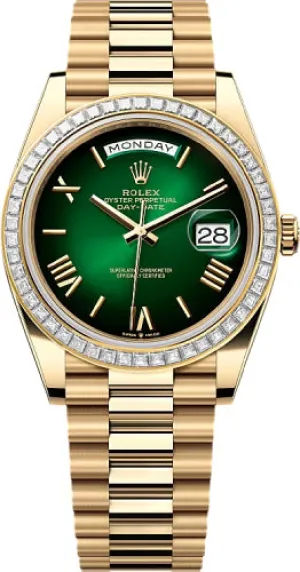   x Day-Date 40 40mm Green ombr Dial Diamond Set Bezel President Bracelet - 228398TBR | 2024 Model Day-Date Watches Affordable Day-Date Watch