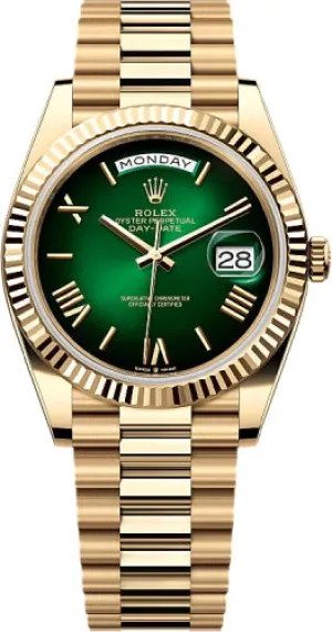   x Day-Date 40 40mm Green Ombr Roman Dial Fluted Bezel President Bracelet - 228238 | 2024 Model Day-Date Watches Affordable Day-Date Watch