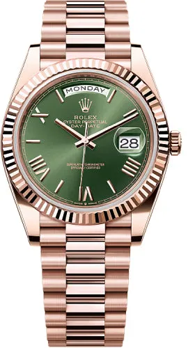   x Day-Date 40 40mm Slate Olive Green Roman Dial Fluted Bezel President Bracelet - 228235 | 2024 Model Day-Date Watches Affordable Day-Date Watch