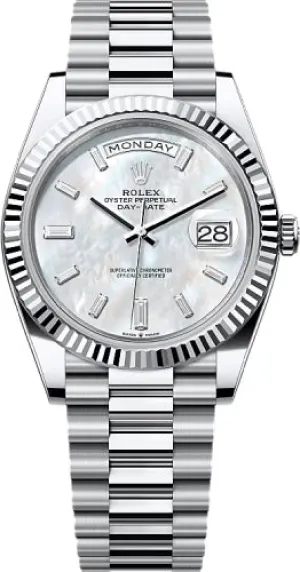   x Day-Date 40 40mm White MOP Diamond Set Dial Fluted Bezel President Bracelet - 228236 | 2024 Model Day-Date Watches Affordable Day-Date Watch