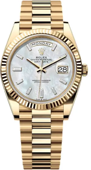   x Day-Date 40 40mm White MOP Diamond-Set Dial Fluted Bezel President Bracelet - 228238 | 2024 Model Day-Date Watches Affordable Day-Date Watch