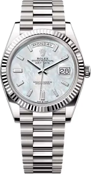   x Day-Date 40 40mm White MOP Diamond Set Dial Fluted Bezel President Bracelet - 228239 | 2024 Model Day-Date Watches Affordable Day-Date Watch