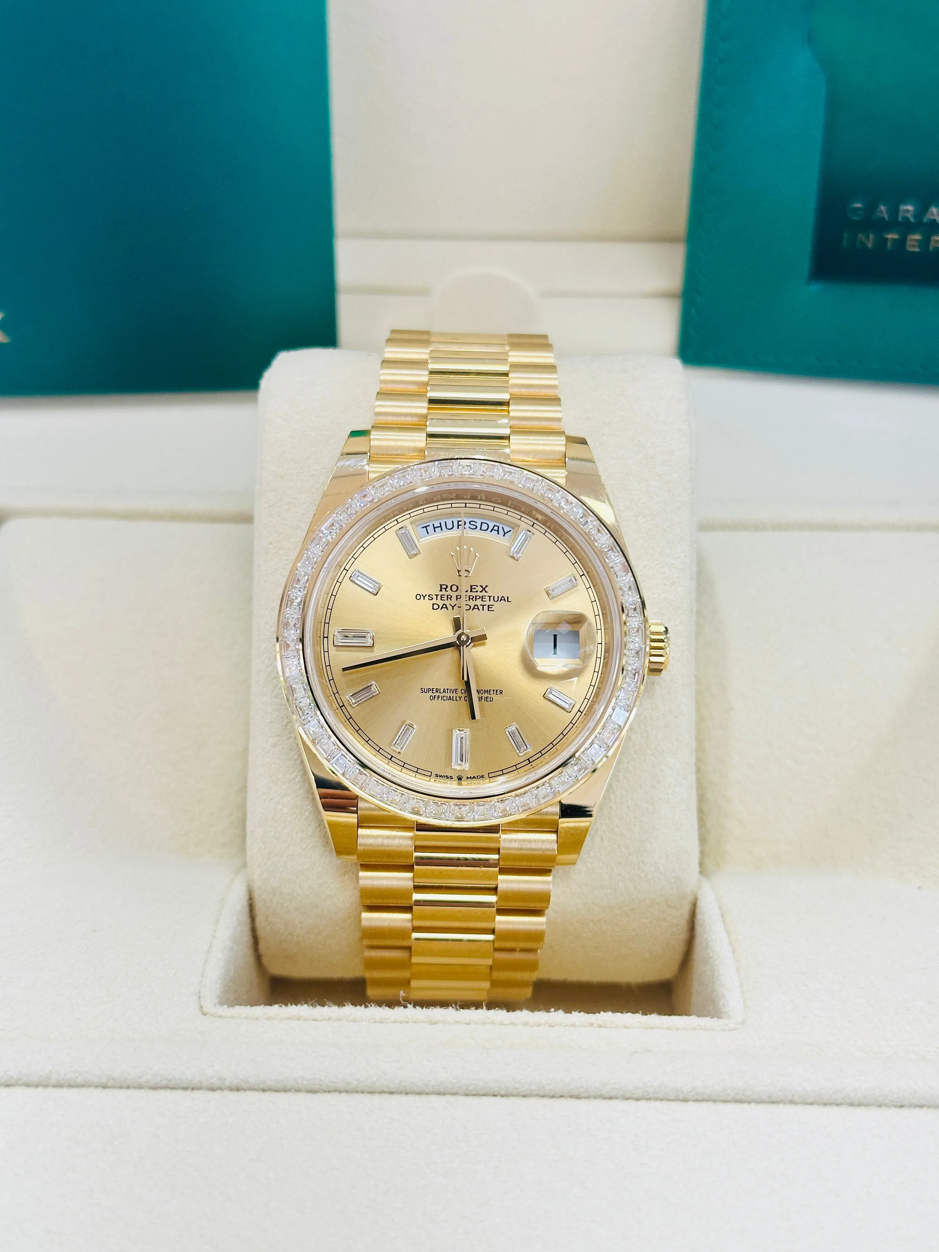   x Day-Date 40 Yellow Gold Baguette Yellow gold Bezel  Factory Baguette Diamond Champagne Dial 228398TBR Box and Papers