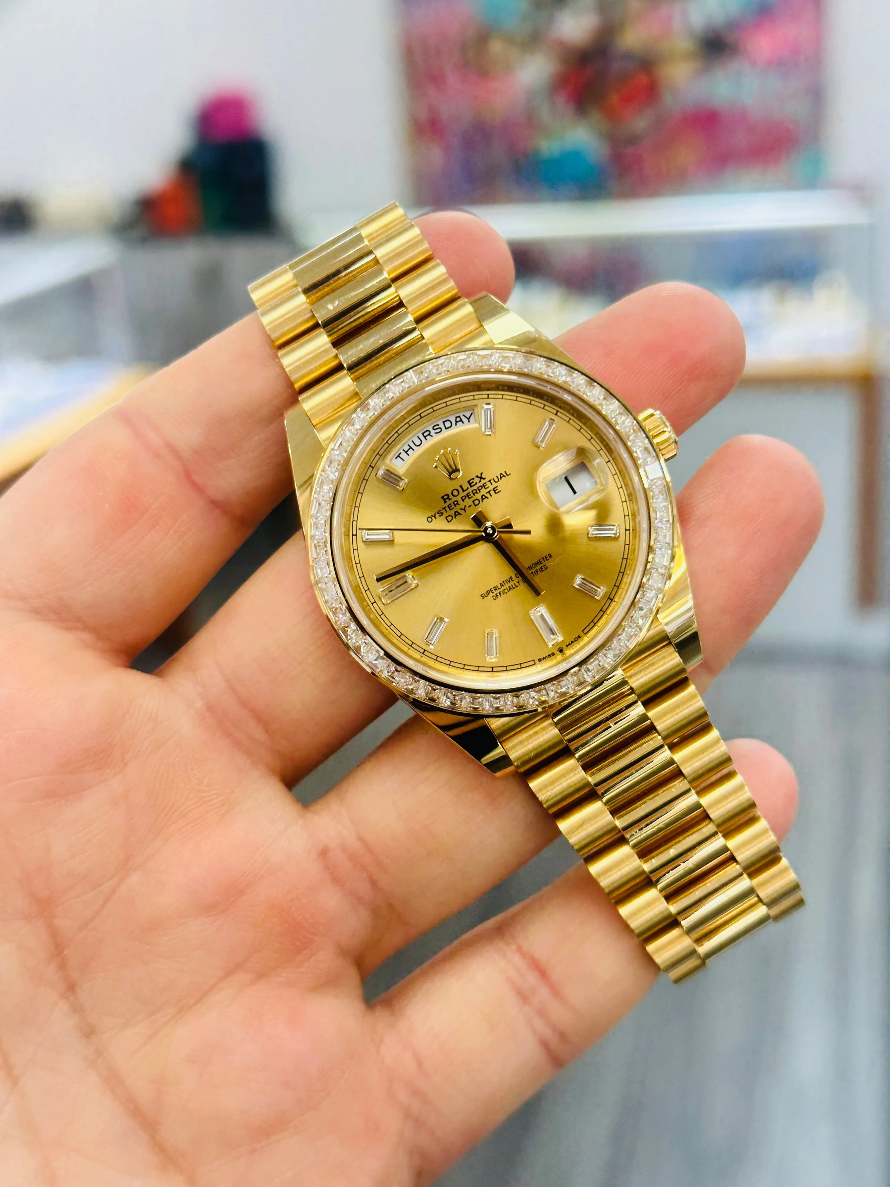   x Day-Date 40 Yellow Gold Baguette Yellow gold Bezel  Factory Baguette Diamond Champagne Dial 228398TBR Box and Papers