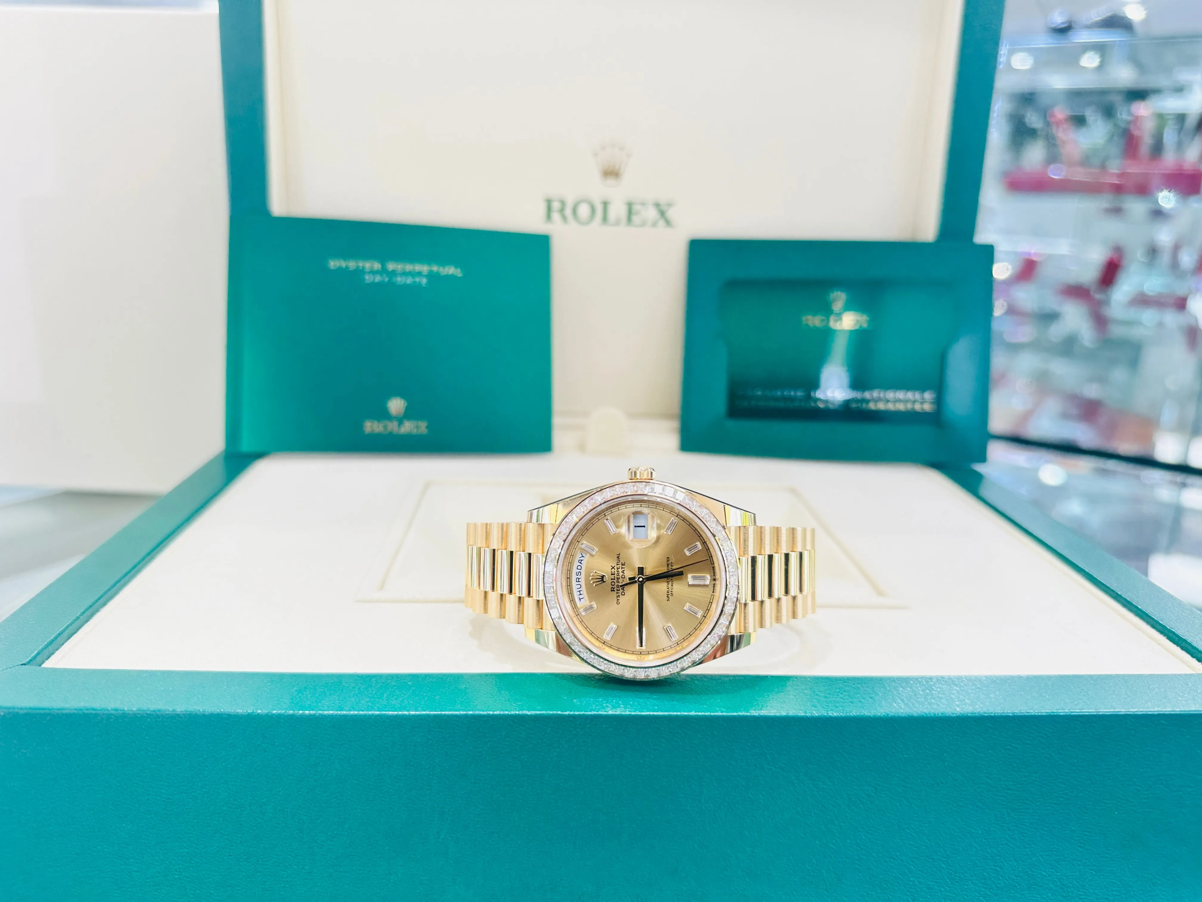   x Day-Date 40 Yellow Gold Baguette Yellow gold Bezel  Factory Baguette Diamond Champagne Dial 228398TBR Box and Papers