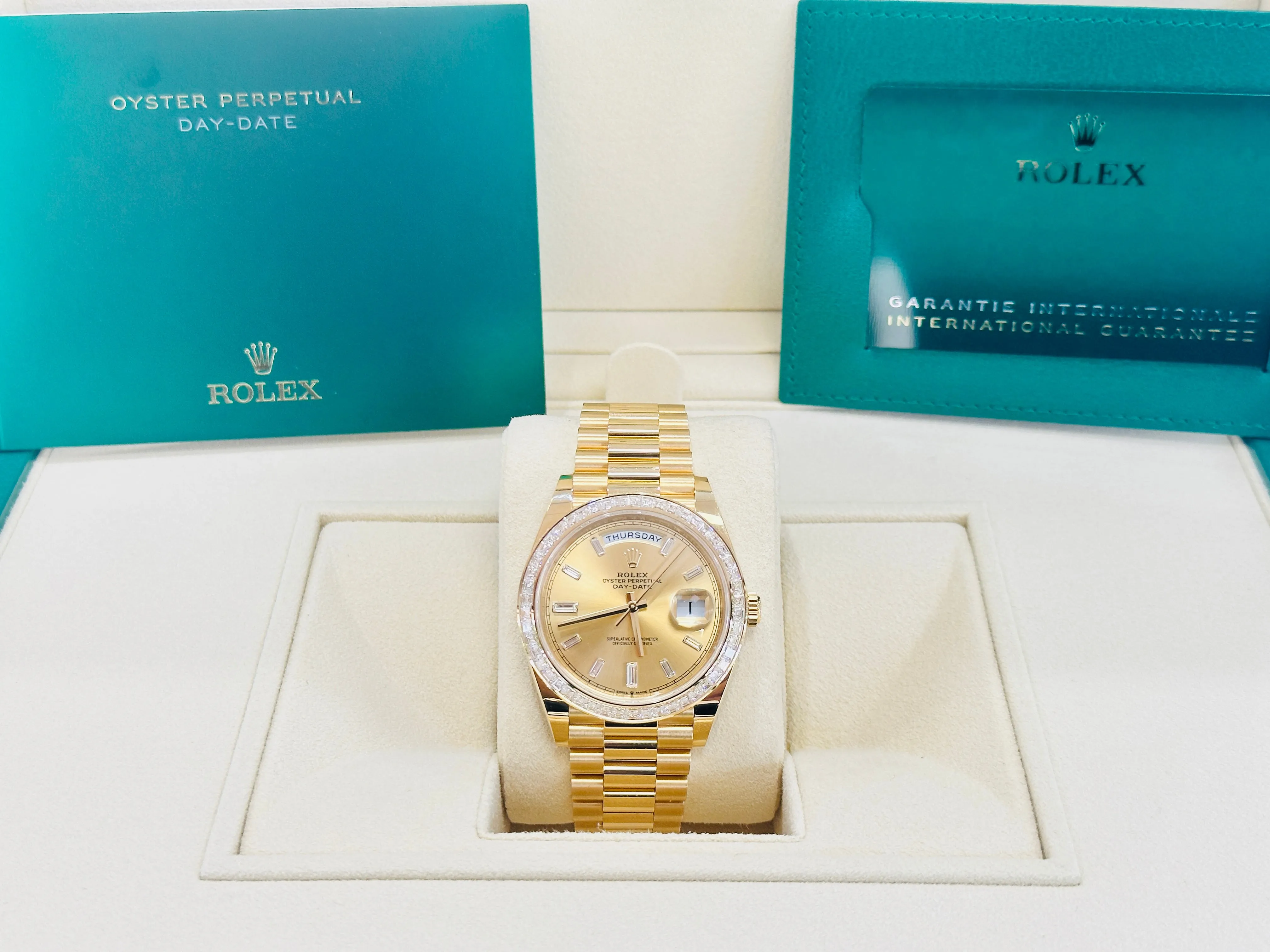   x Day-Date 40 Yellow Gold Baguette Yellow gold Bezel  Factory Baguette Diamond Champagne Dial 228398TBR Box and Papers