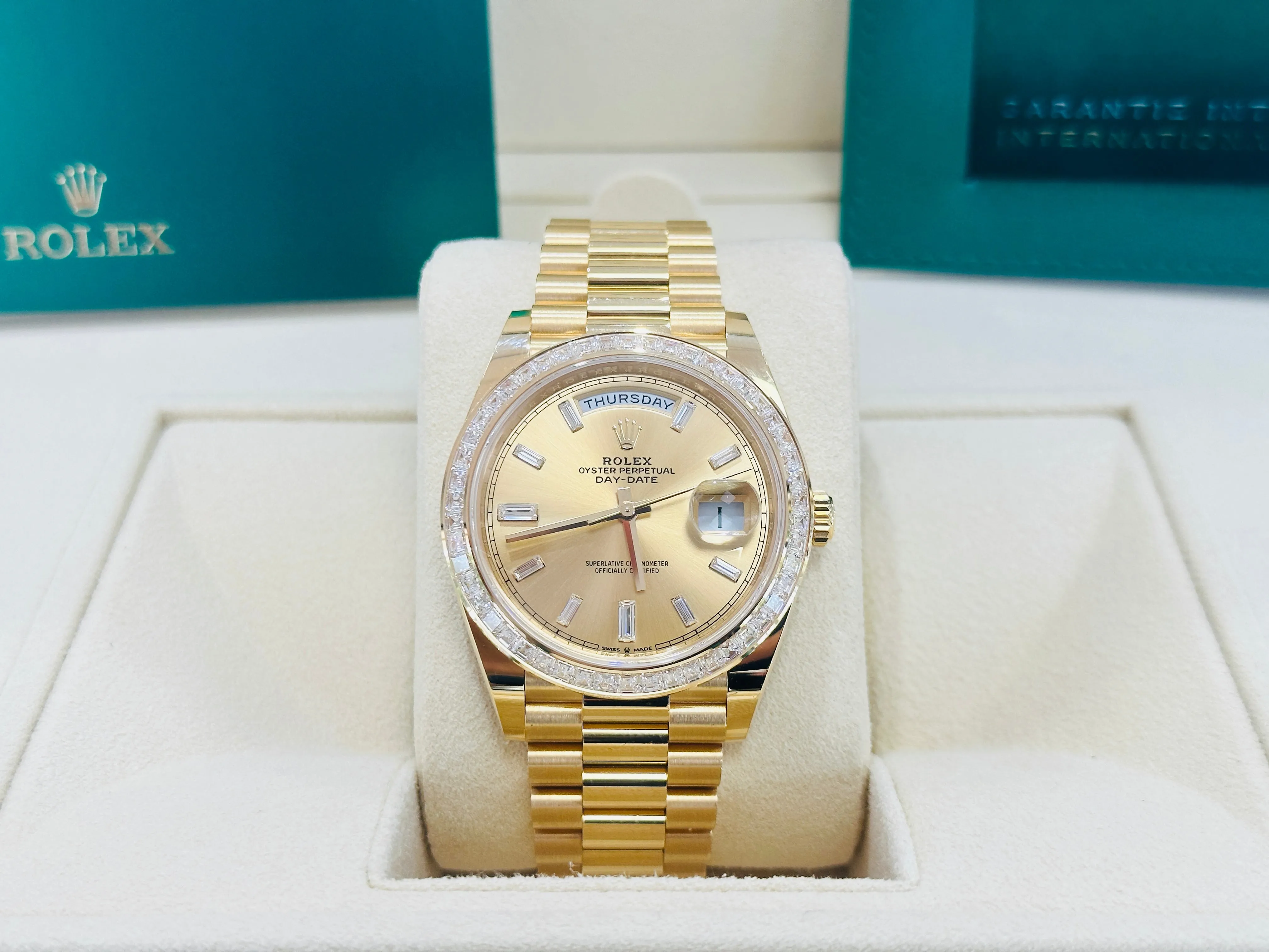   x Day-Date 40 Yellow Gold Baguette Yellow gold Bezel  Factory Baguette Diamond Champagne Dial 228398TBR Box and Papers