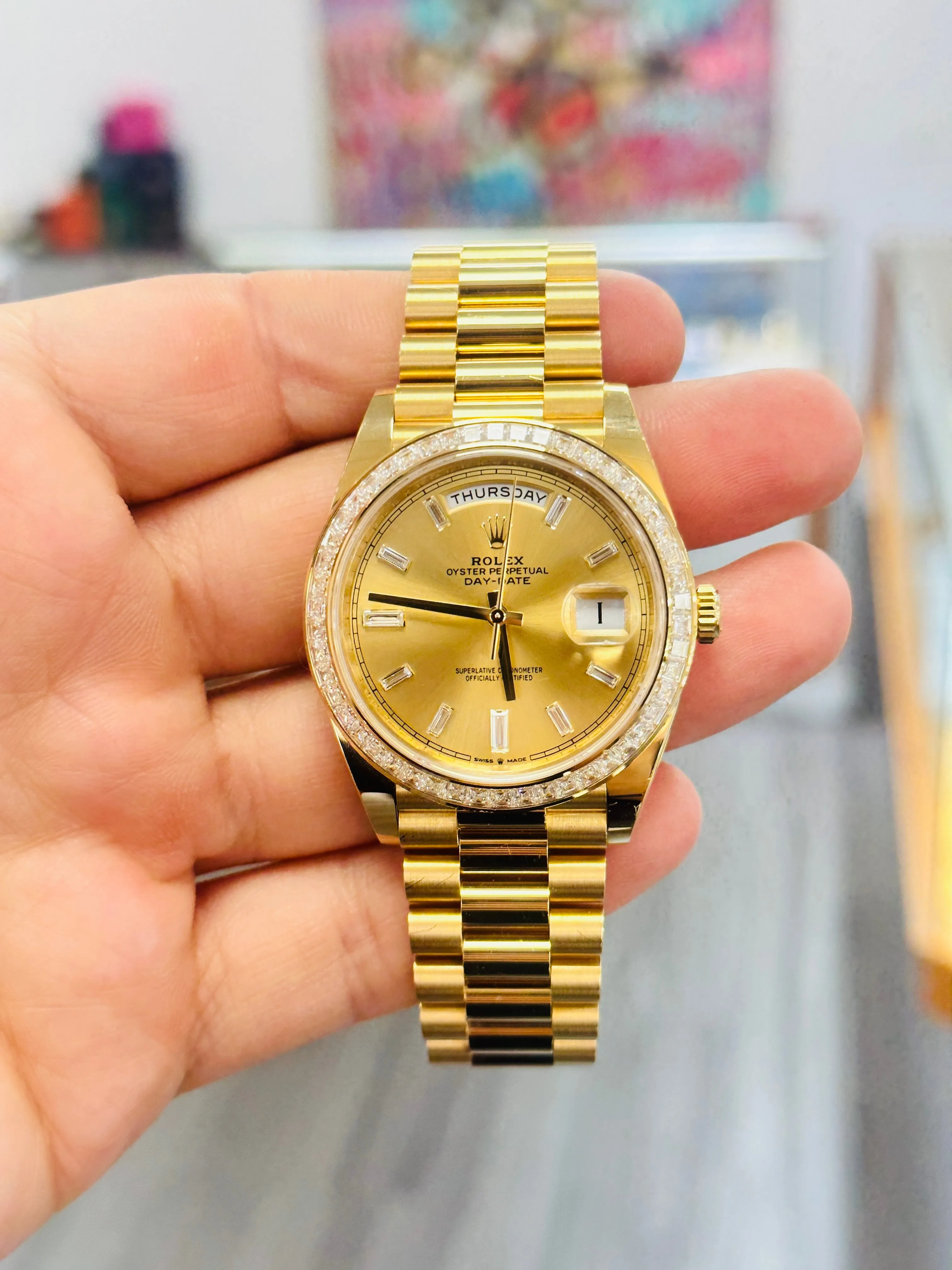   x Day-Date 40 Yellow Gold Baguette Yellow gold Bezel  Factory Baguette Diamond Champagne Dial 228398TBR Box and Papers