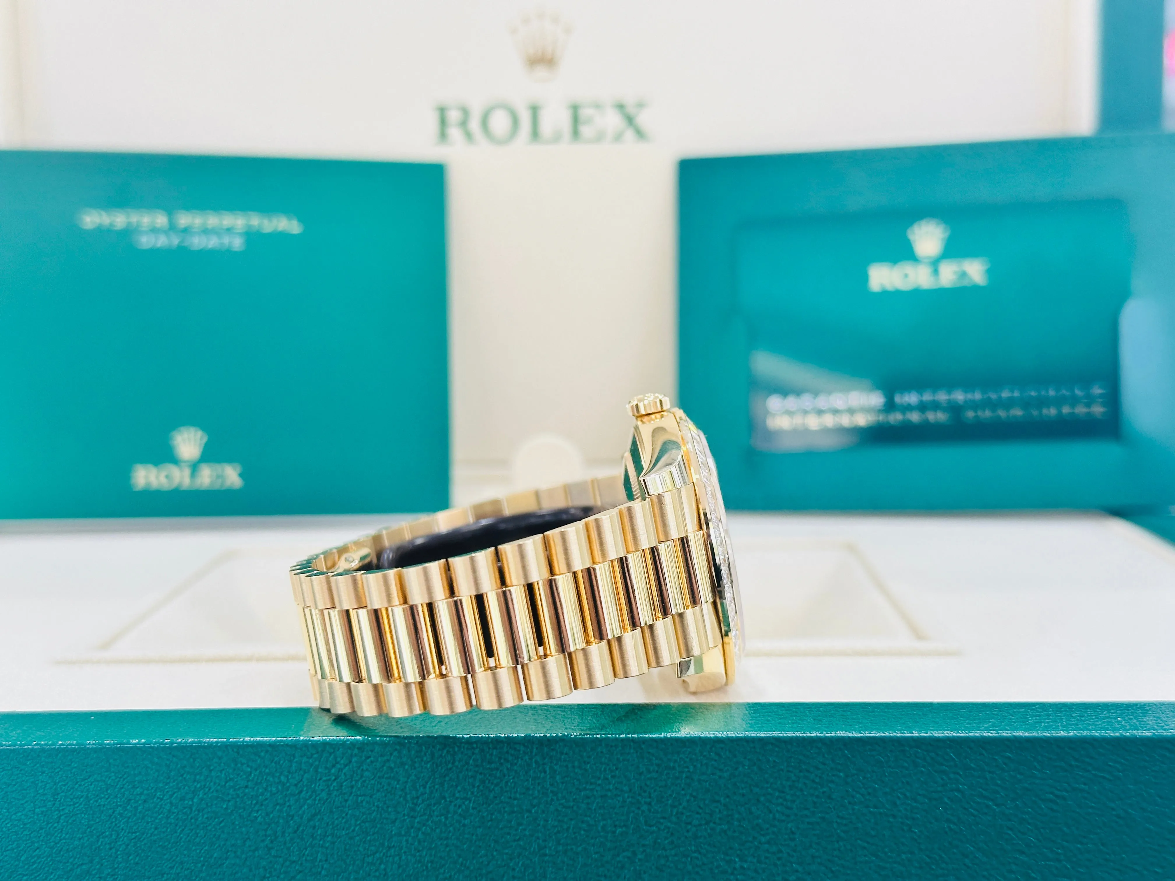   x Day-Date 40 Yellow Gold Baguette Yellow gold Bezel  Factory Baguette Diamond Champagne Dial 228398TBR Box and Papers