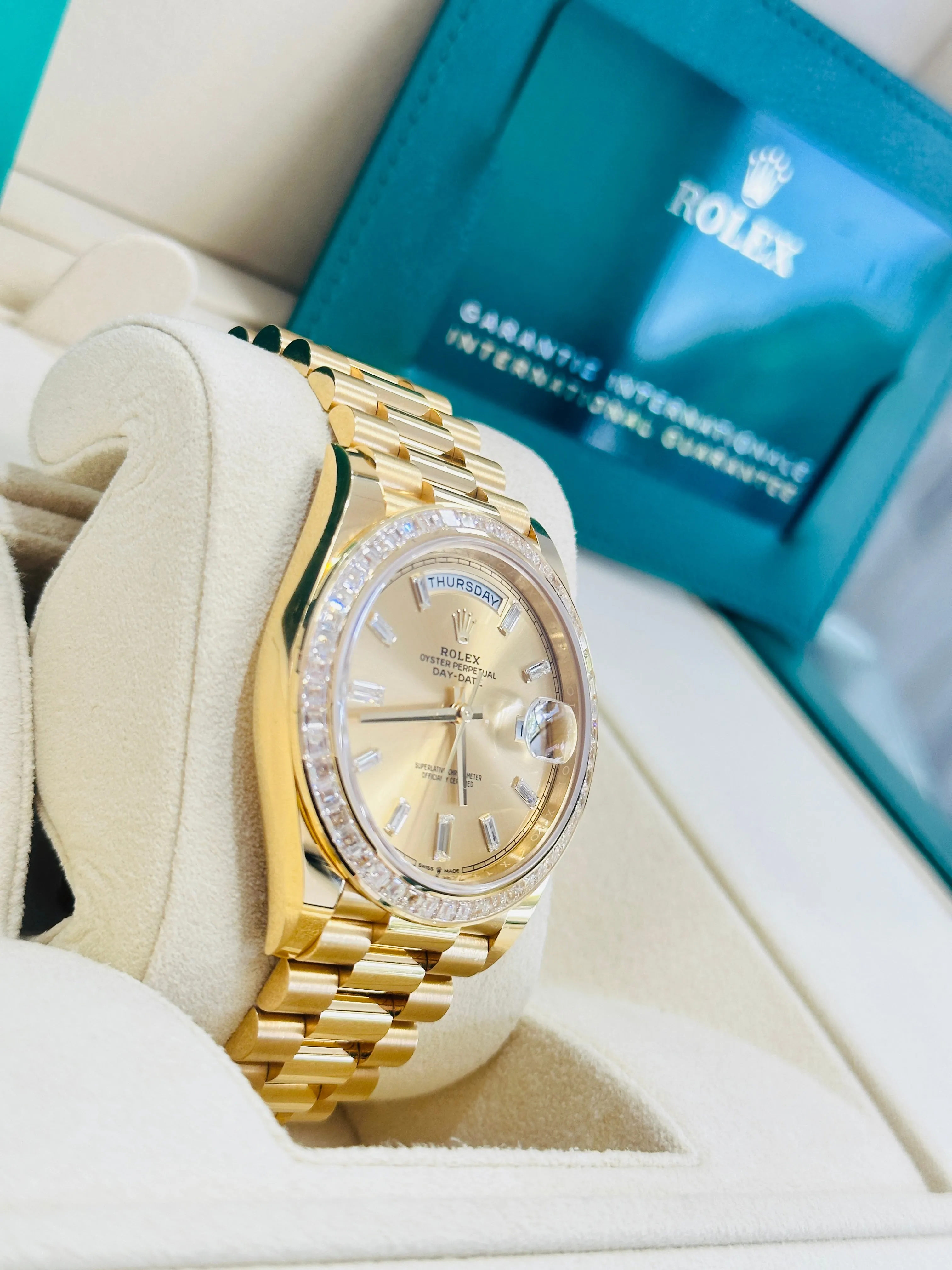   x Day-Date 40 Yellow Gold Baguette Yellow gold Bezel  Factory Baguette Diamond Champagne Dial 228398TBR Box and Papers