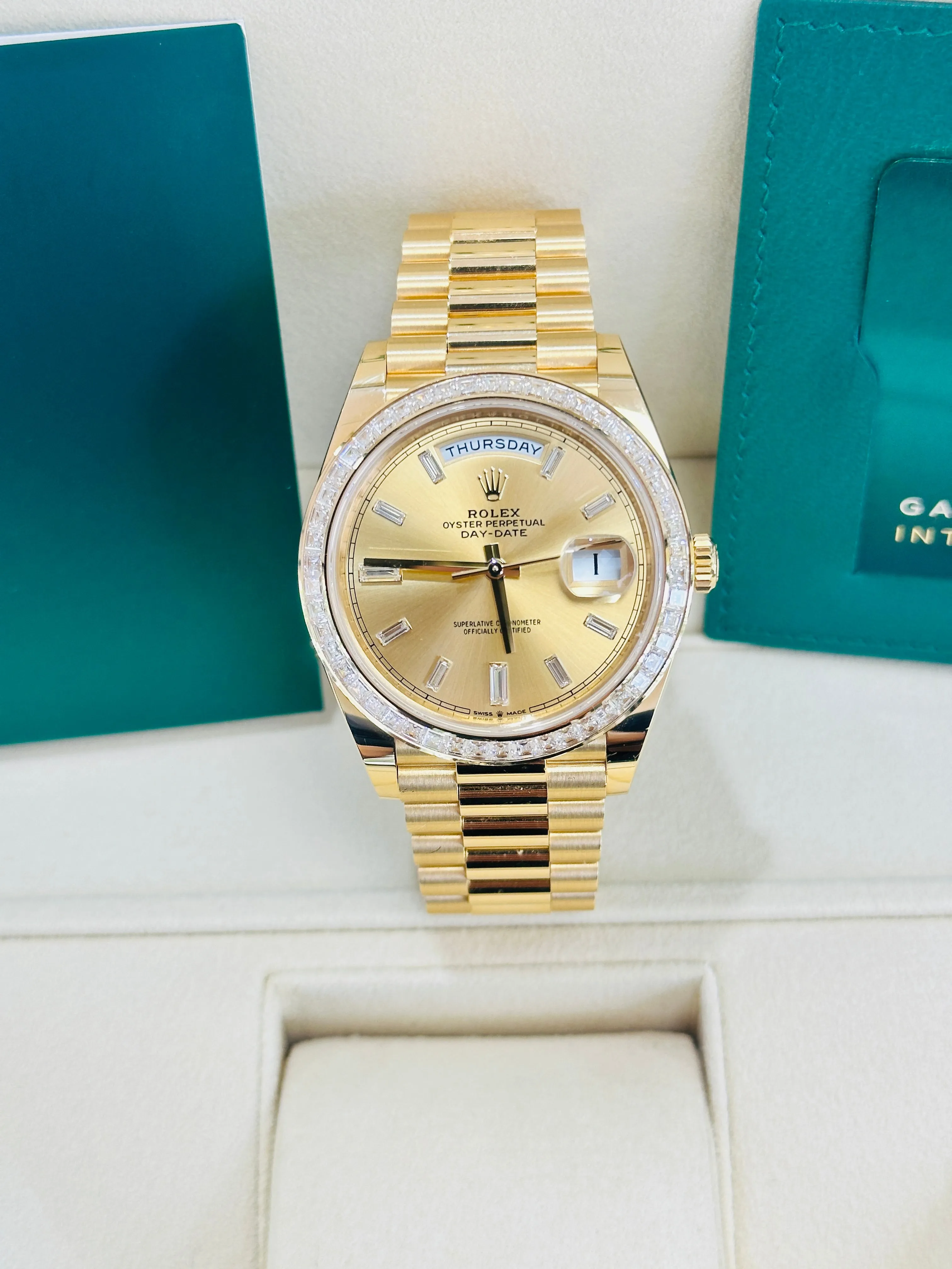   x Day-Date 40 Yellow Gold Baguette Yellow gold Bezel  Factory Baguette Diamond Champagne Dial 228398TBR Box and Papers