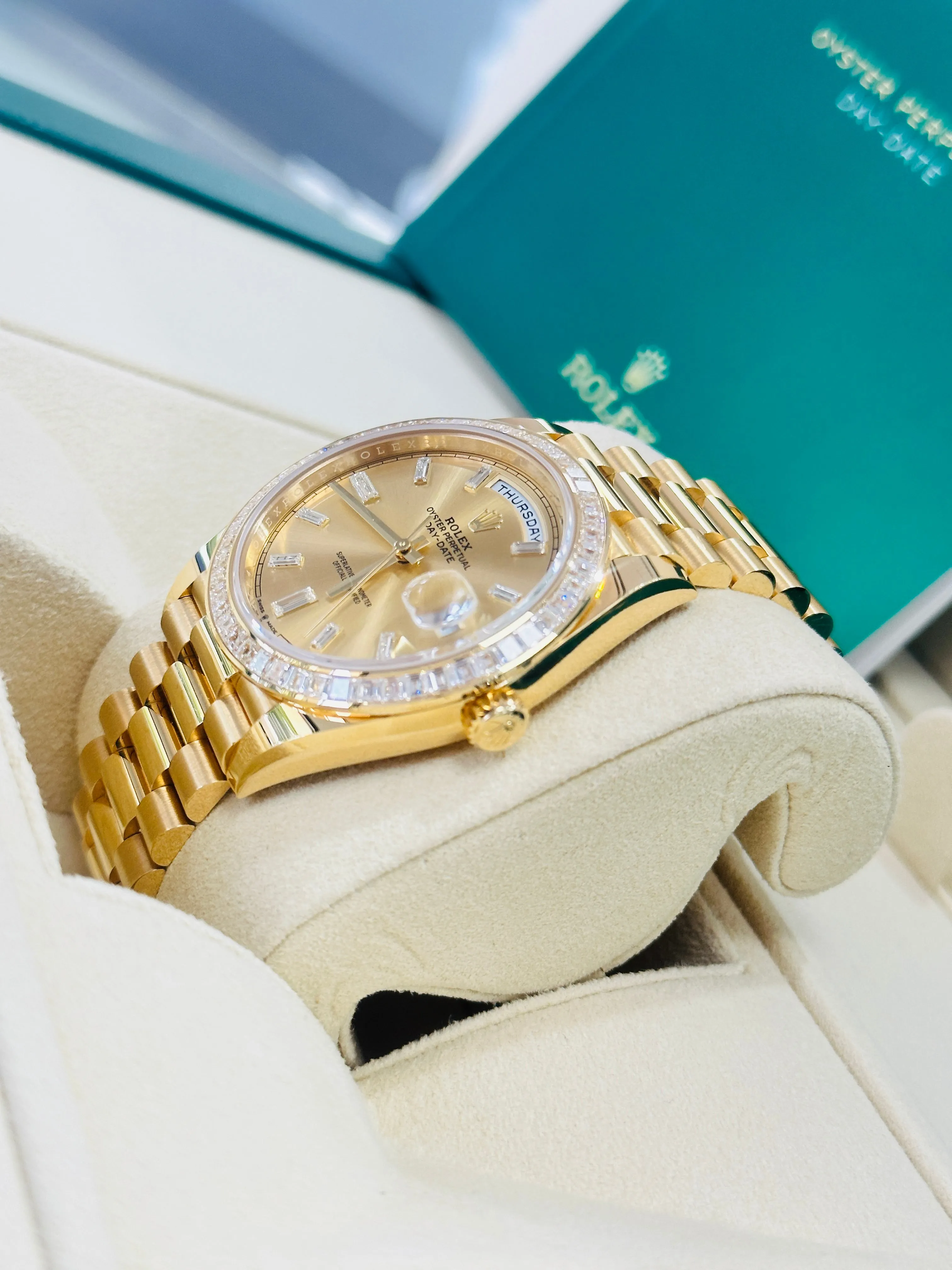   x Day-Date 40 Yellow Gold Baguette Yellow gold Bezel  Factory Baguette Diamond Champagne Dial 228398TBR Box and Papers