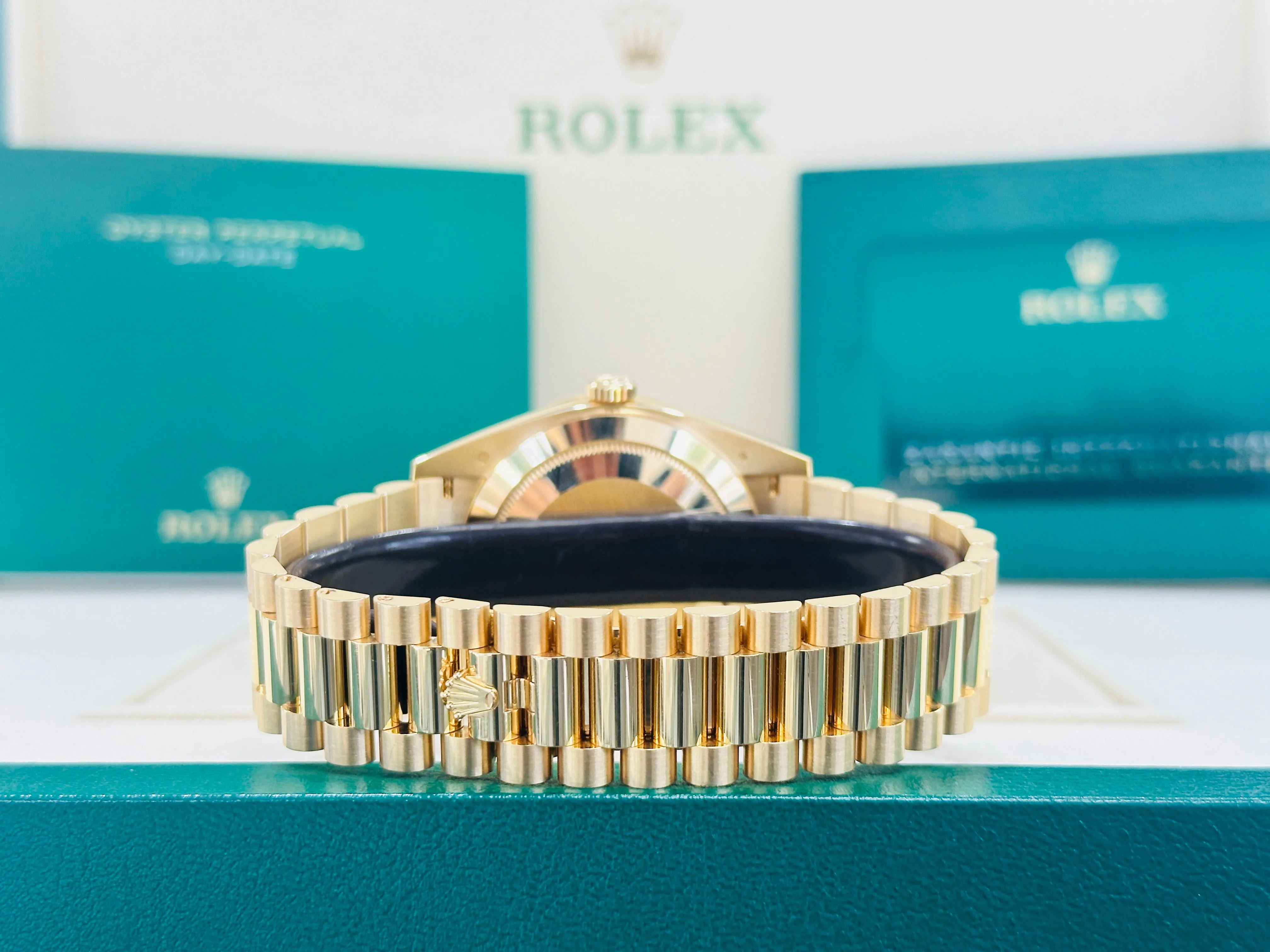   x Day-Date 40 Yellow Gold Baguette Yellow gold Bezel  Factory Baguette Diamond Champagne Dial 228398TBR Box and Papers