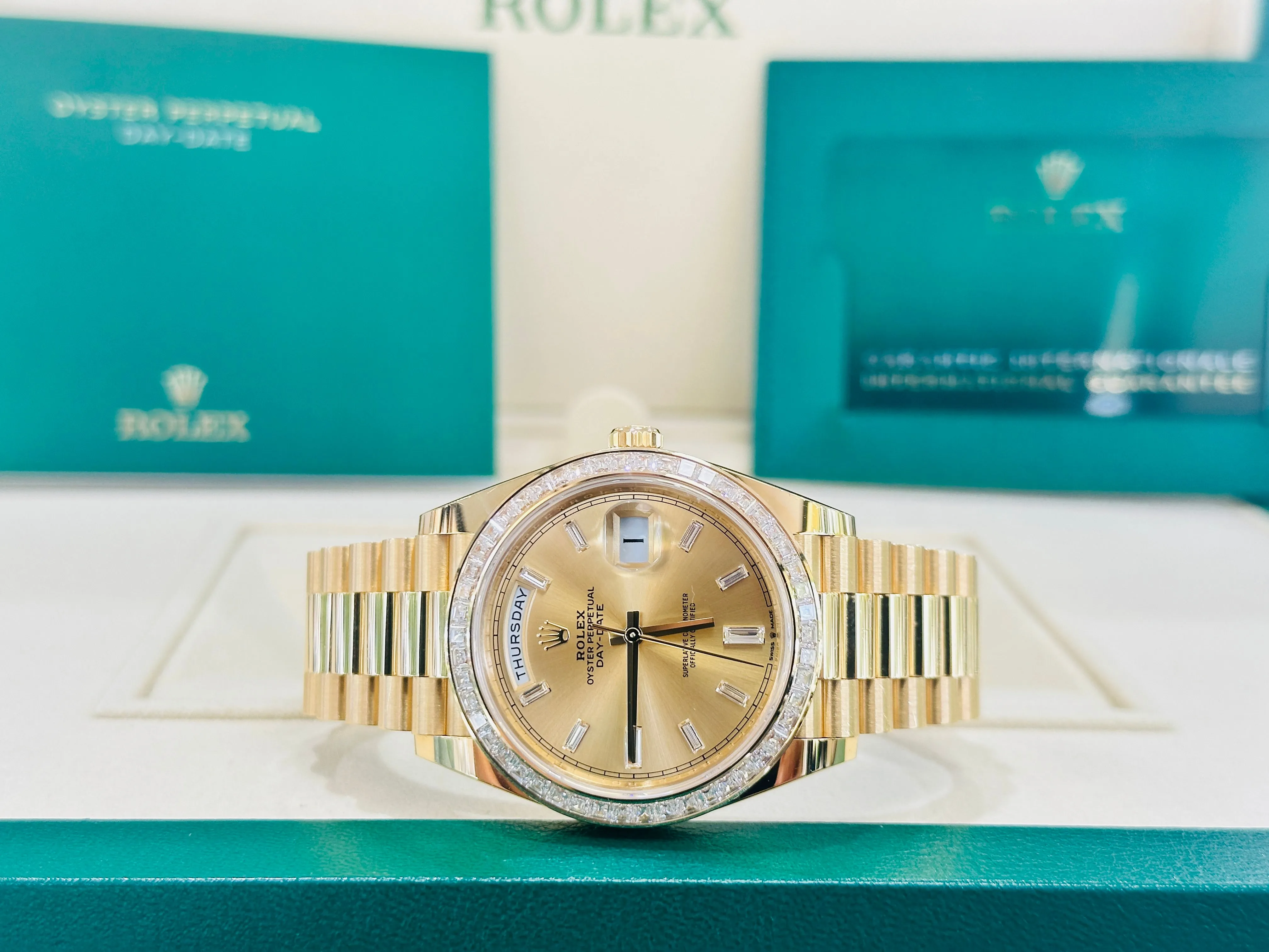   x Day-Date 40 Yellow Gold Baguette Yellow gold Bezel  Factory Baguette Diamond Champagne Dial 228398TBR Box and Papers