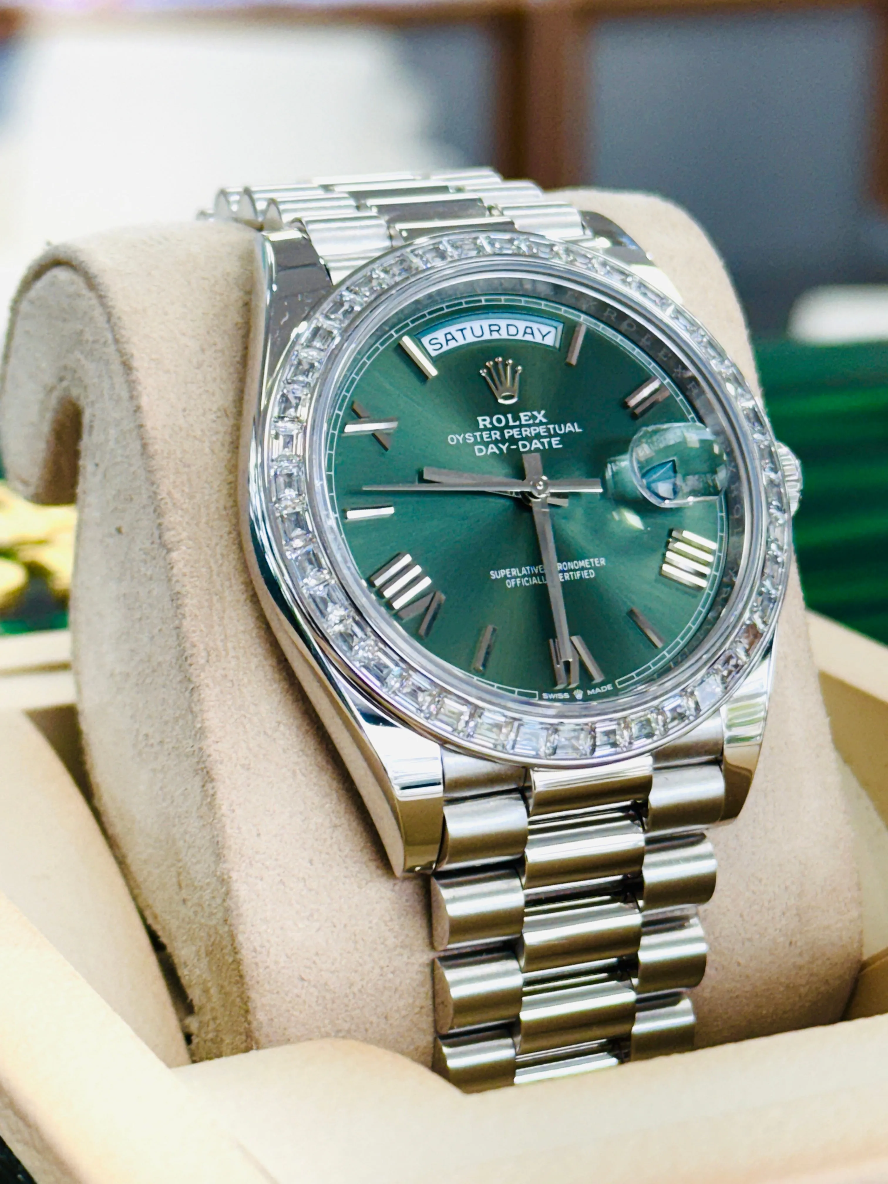   x Day-Date 40mm 228396TBR Factory Baguette Bezel Factory Green Roman Olive Dial MINT