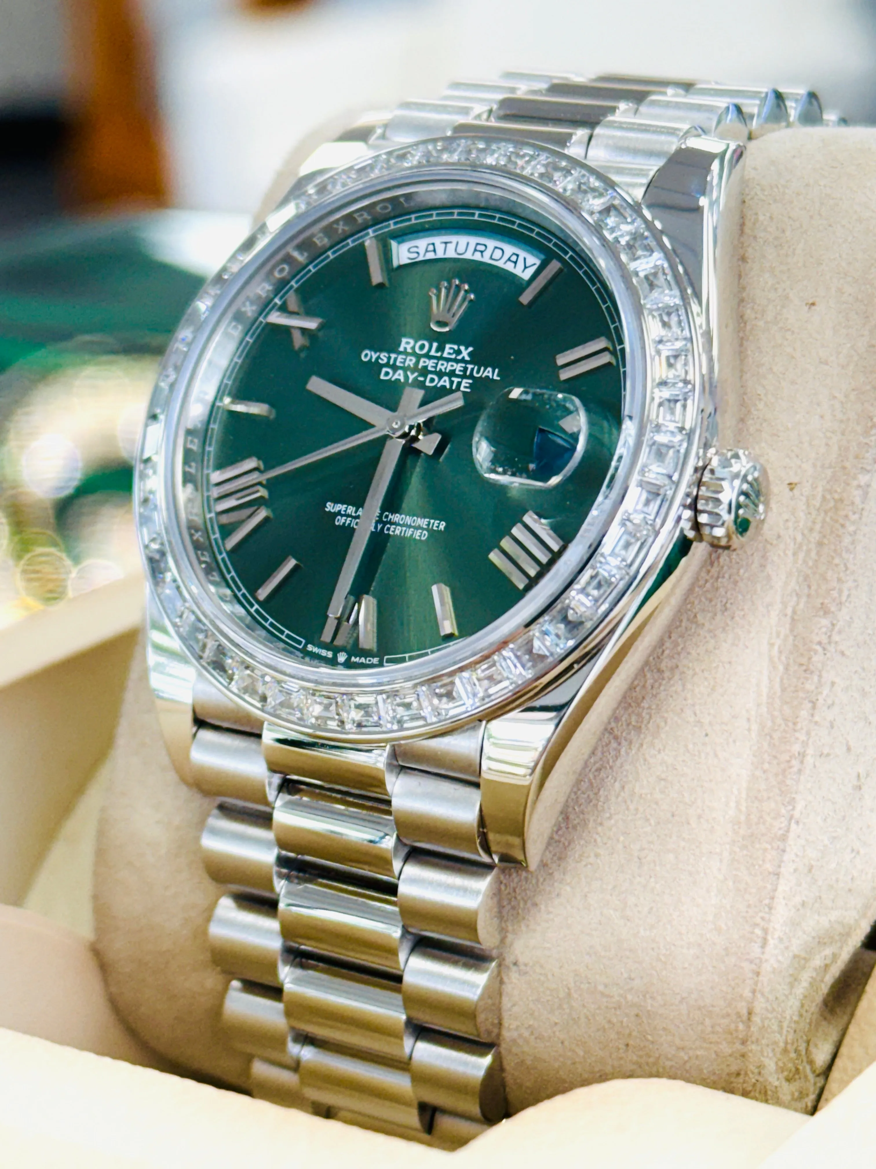   x Day-Date 40mm 228396TBR Factory Baguette Bezel Factory Green Roman Olive Dial MINT
