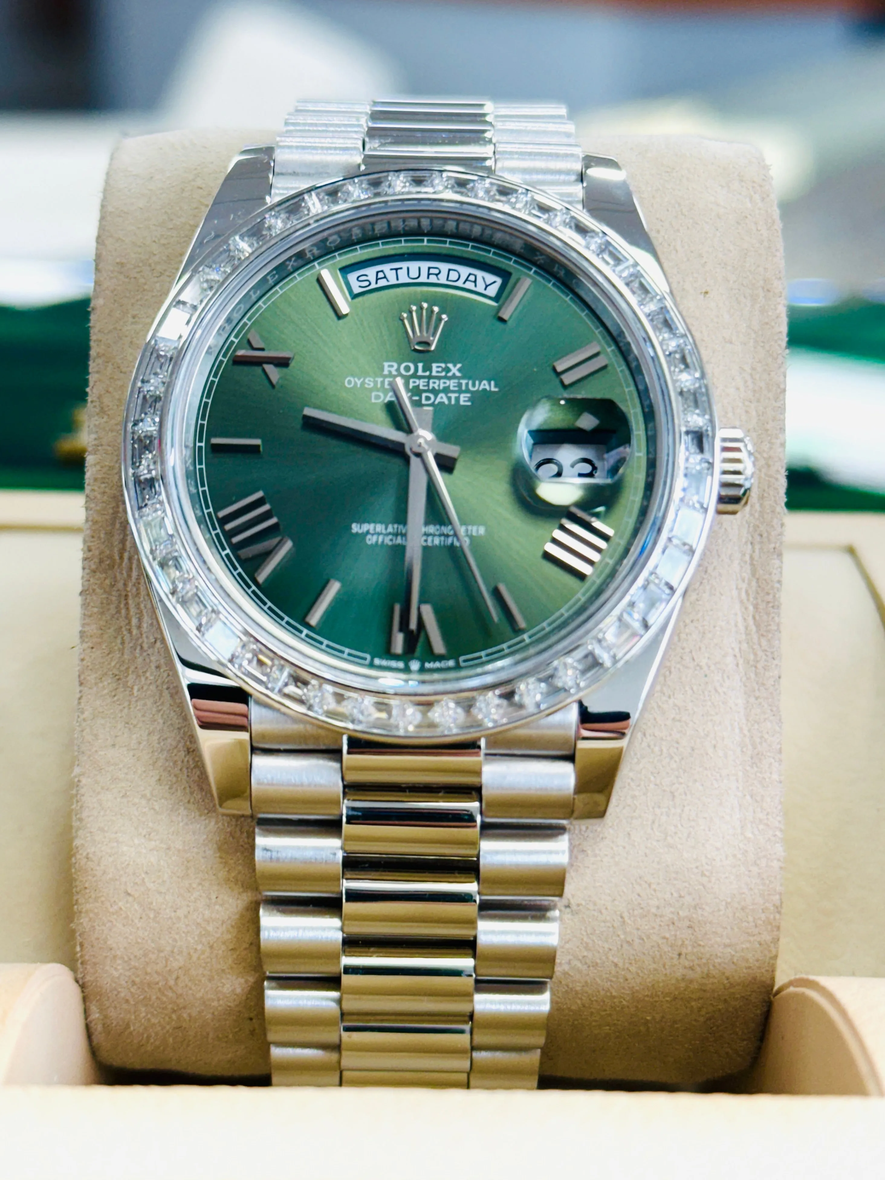   x Day-Date 40mm 228396TBR Factory Baguette Bezel Factory Green Roman Olive Dial MINT   x day?date watch day date waterproof watch