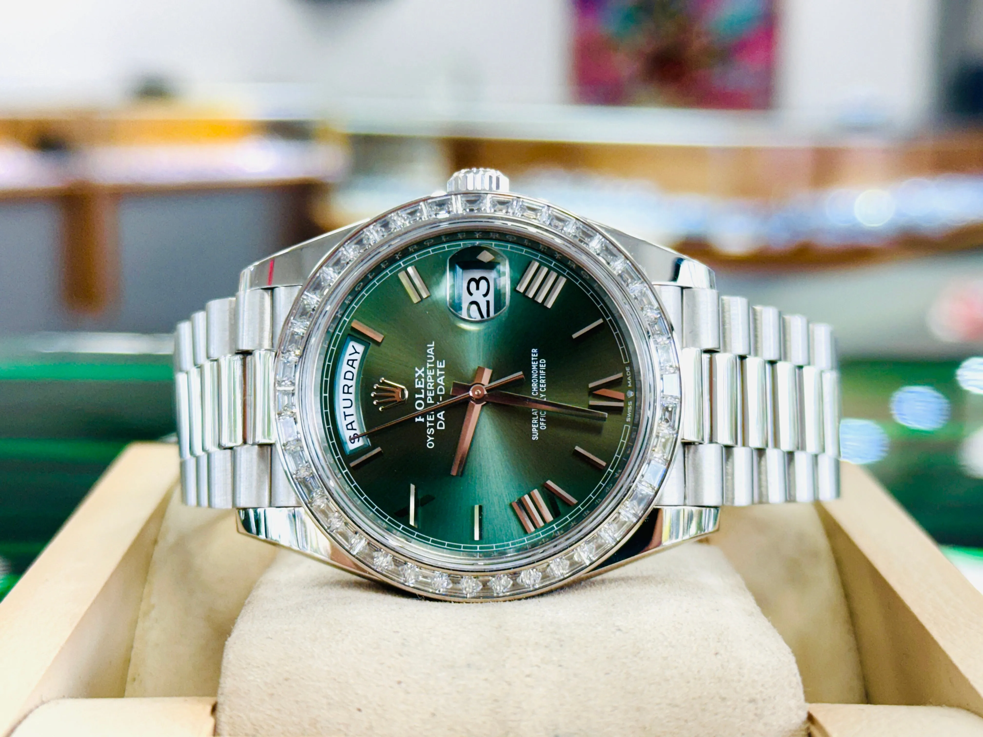   x Day-Date 40mm 228396TBR Factory Baguette Bezel Factory Green Roman Olive Dial MINT