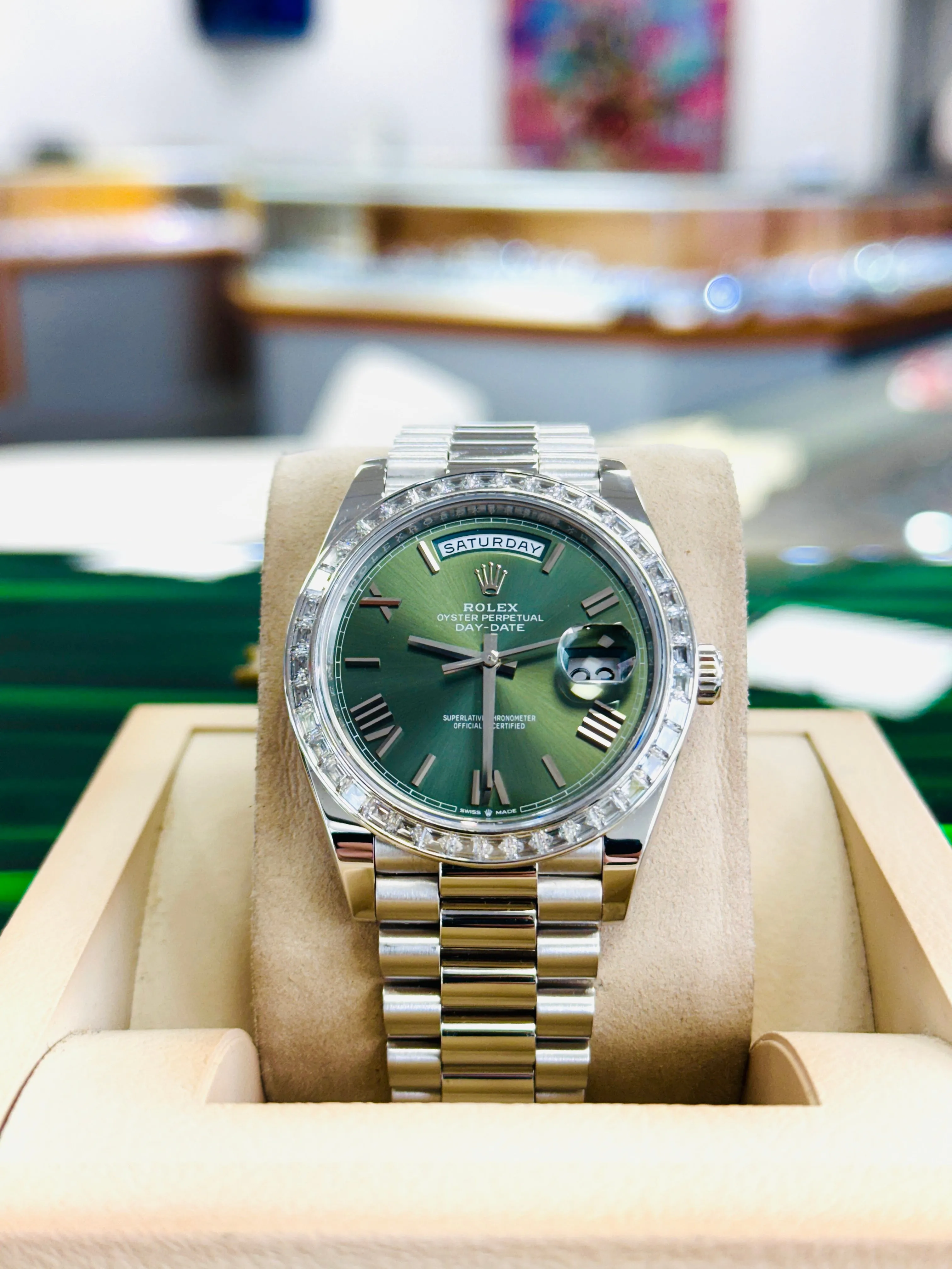   x Day-Date 40mm 228396TBR Factory Baguette Bezel Factory Green Roman Olive Dial MINT
