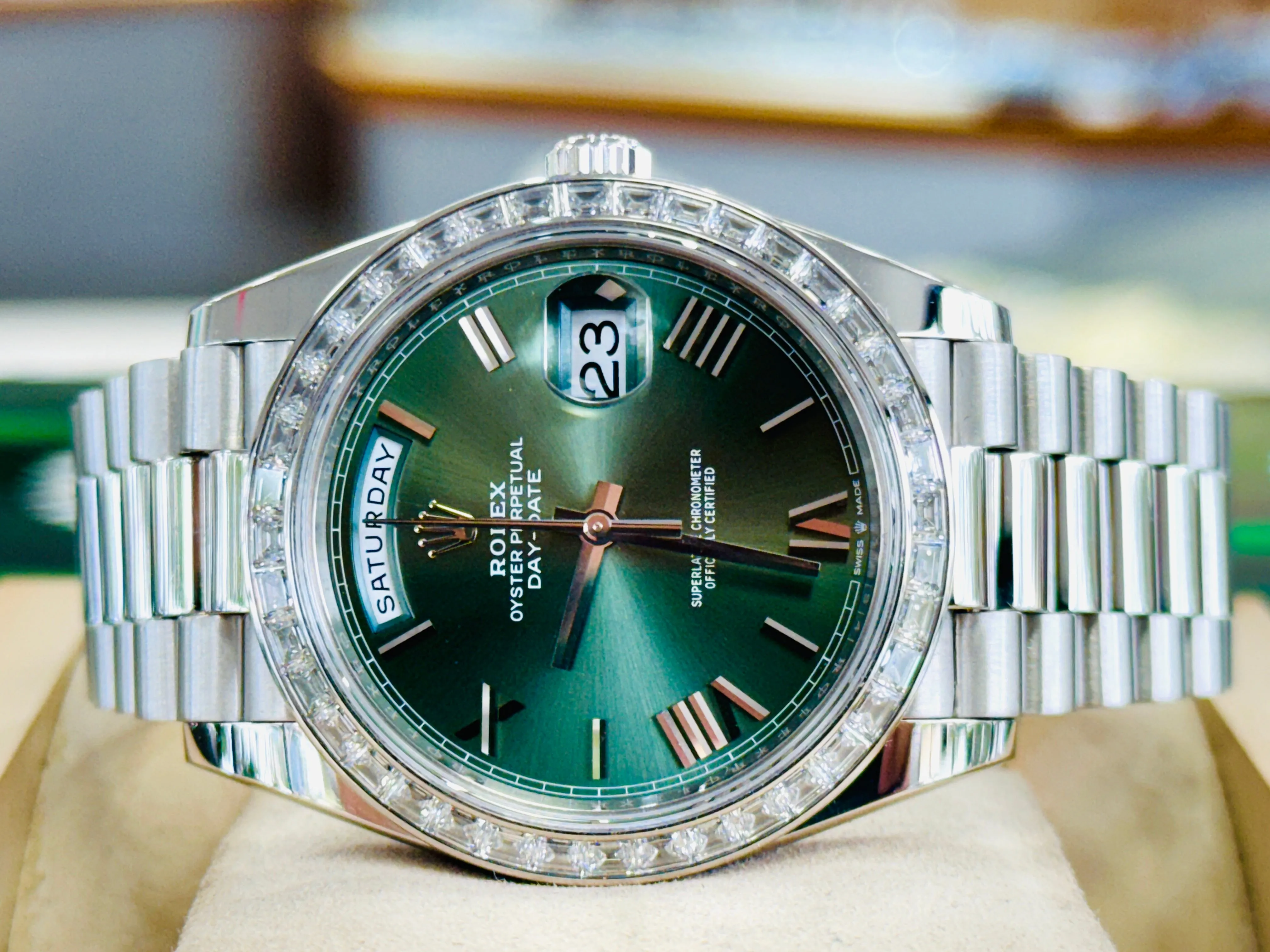   x Day-Date 40mm 228396TBR Factory Baguette Bezel Factory Green Roman Olive Dial MINT