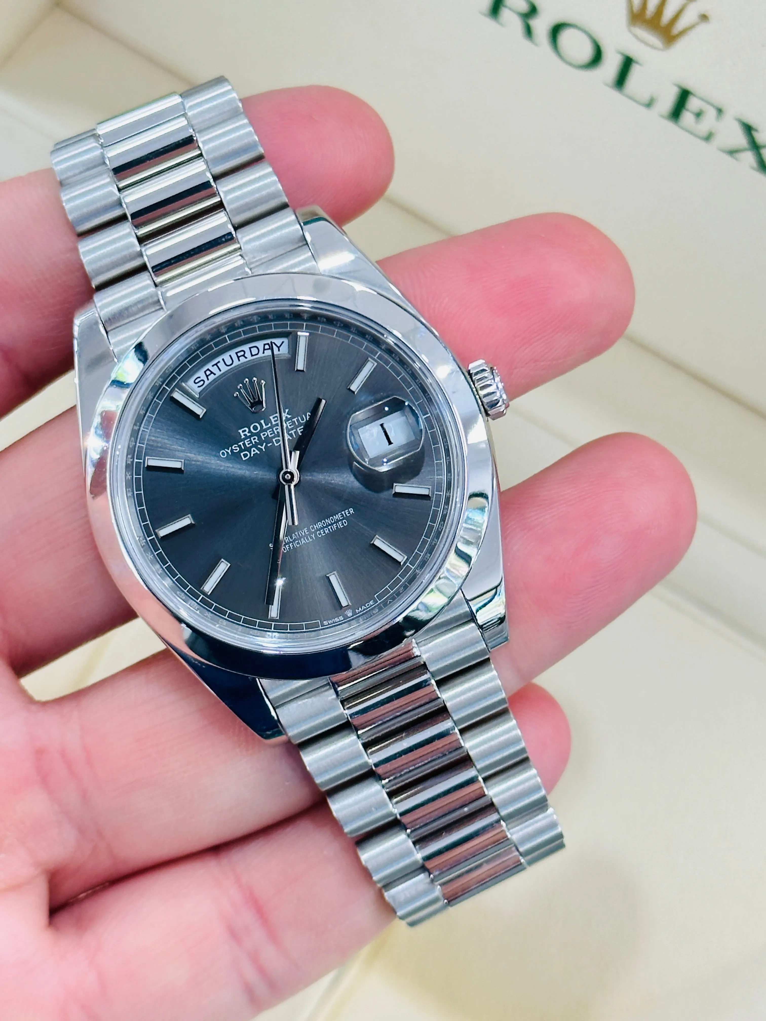   x Day-Date 40mm Platinum 228206 Grey PreOwned