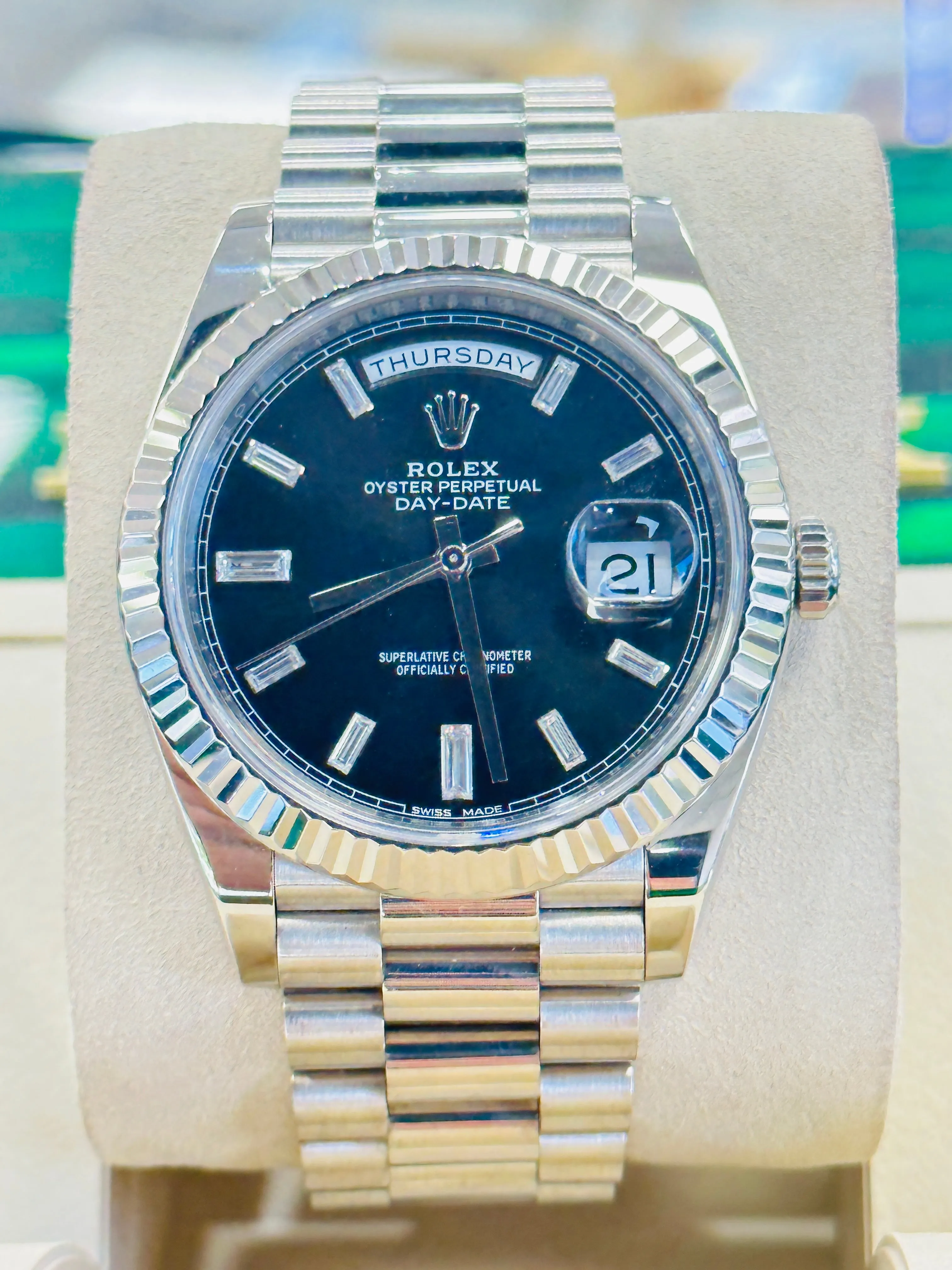   x Day-Date President 18k White Gold 40mm 228239 Factory Diamond Baguettes Dial Watch Box and Papers MINT