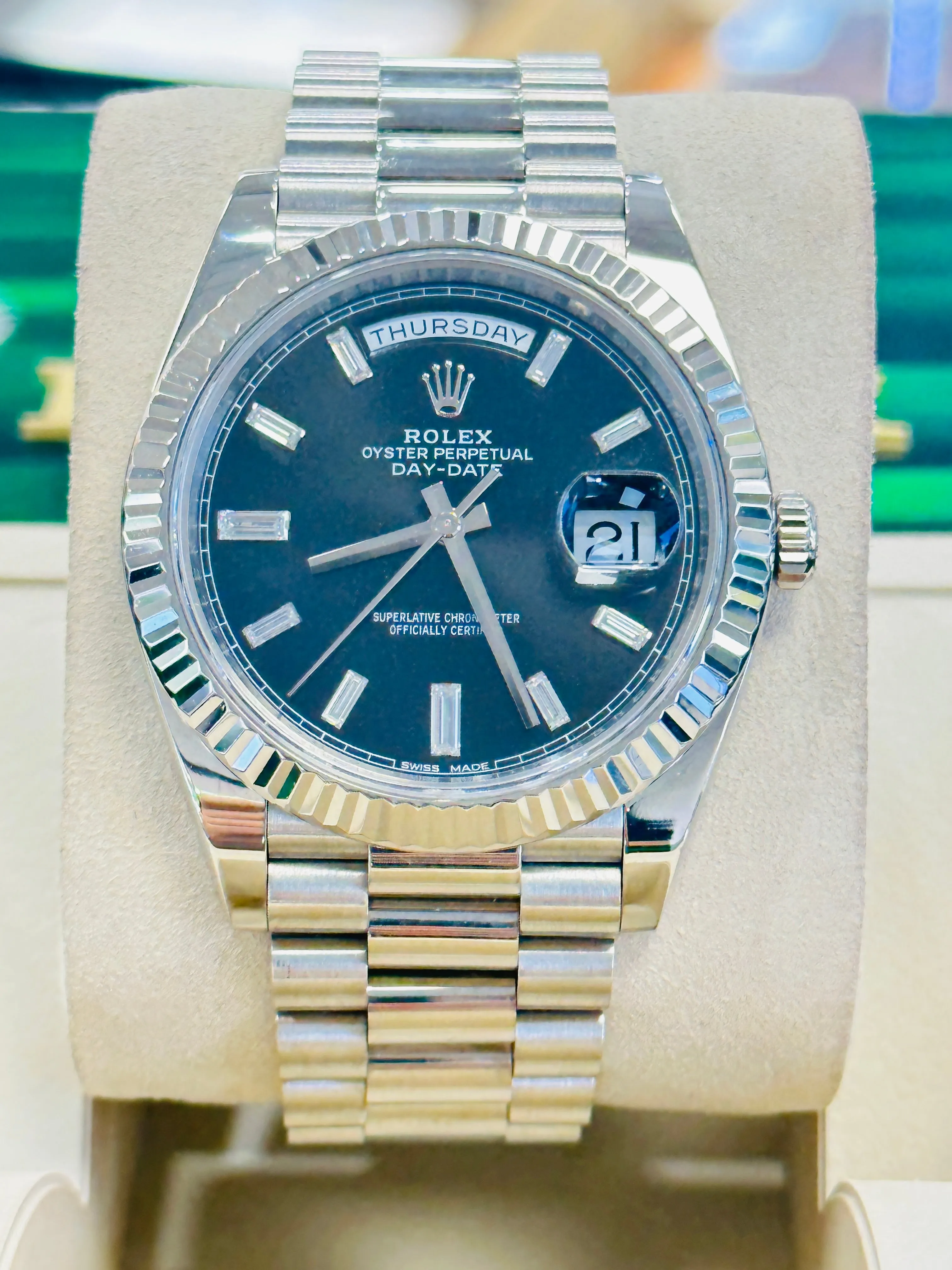   x Day-Date President 18k White Gold 40mm 228239 Factory Diamond Baguettes Dial Watch Box and Papers MINT