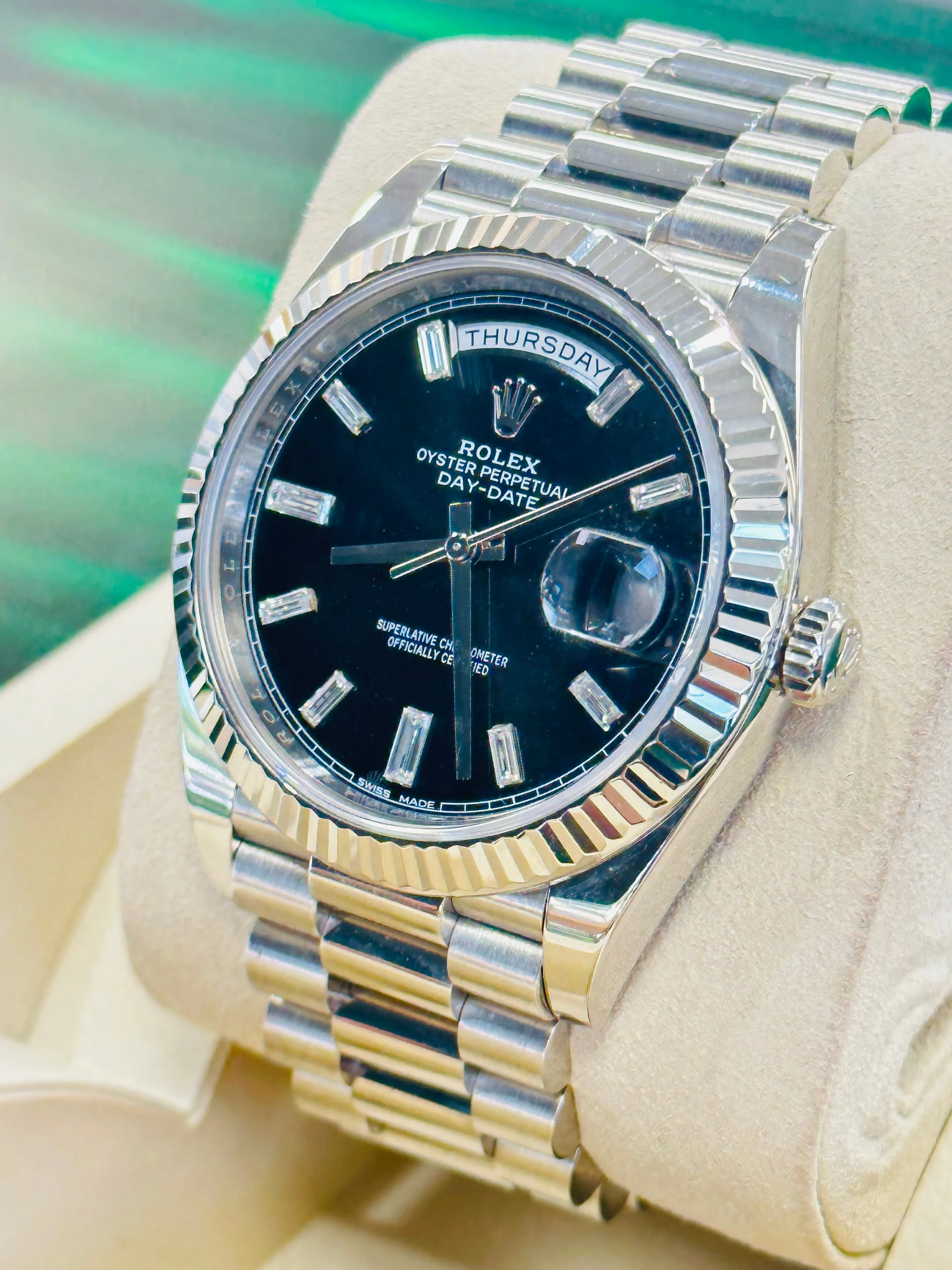   x Day-Date President 18k White Gold 40mm 228239 Factory Diamond Baguettes Dial Watch Box and Papers MINT