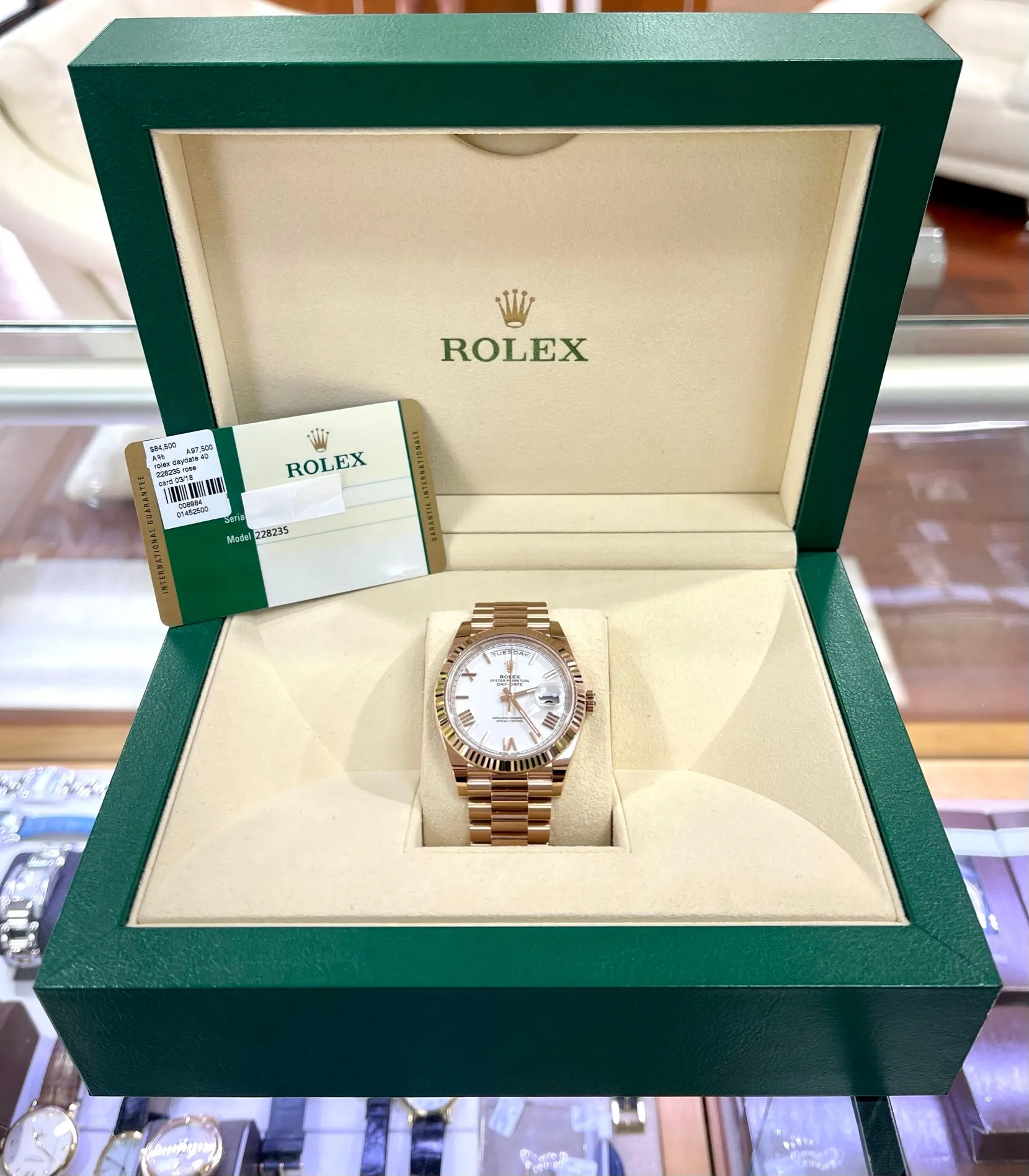   x Day-Date President 40mm White Roman 228235 Rose Gold Box And Papers Preowned