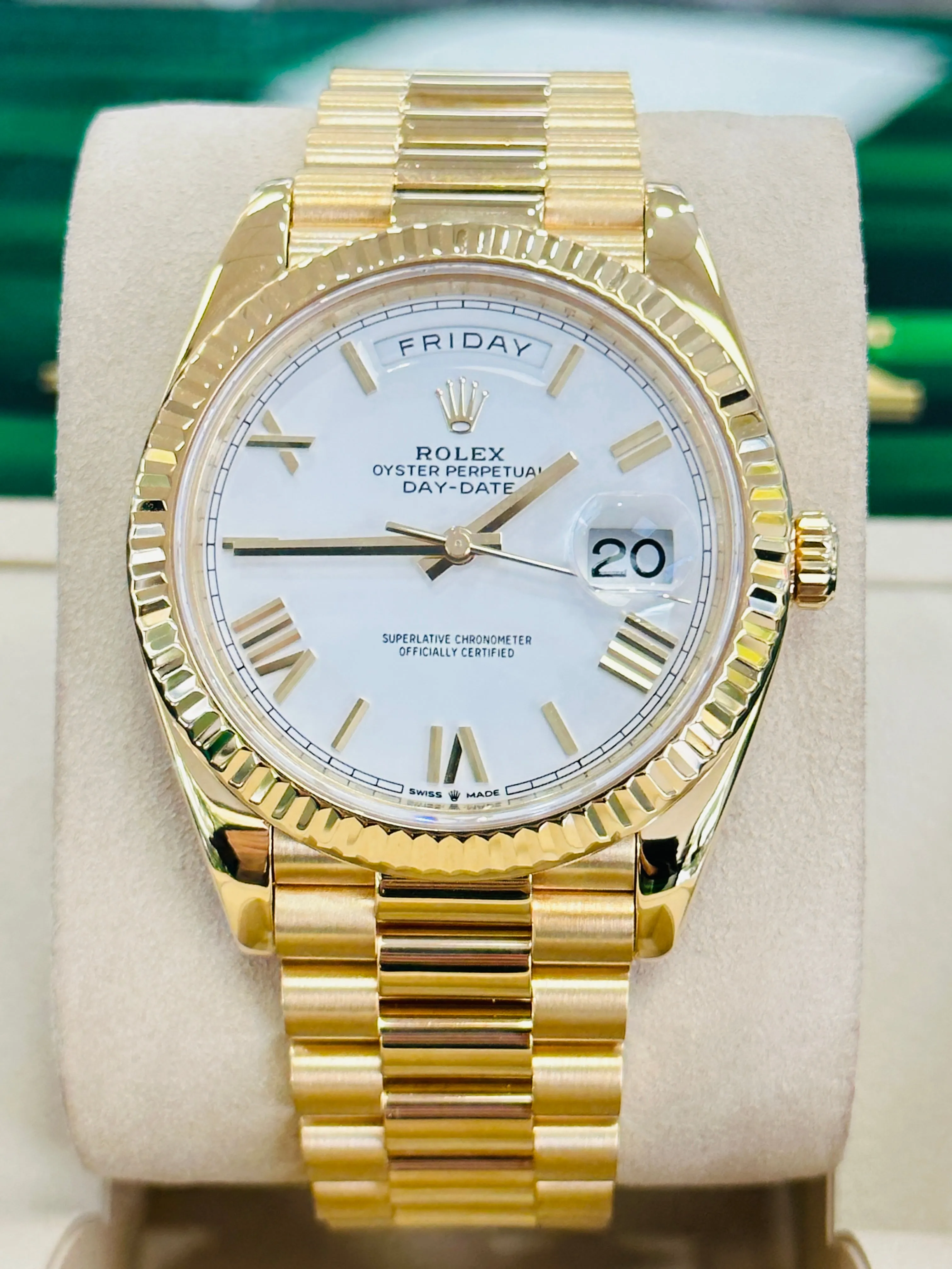   x DayDate 40 18K Yellow Gold 228238 White Roman Dial Box and Papers MINT