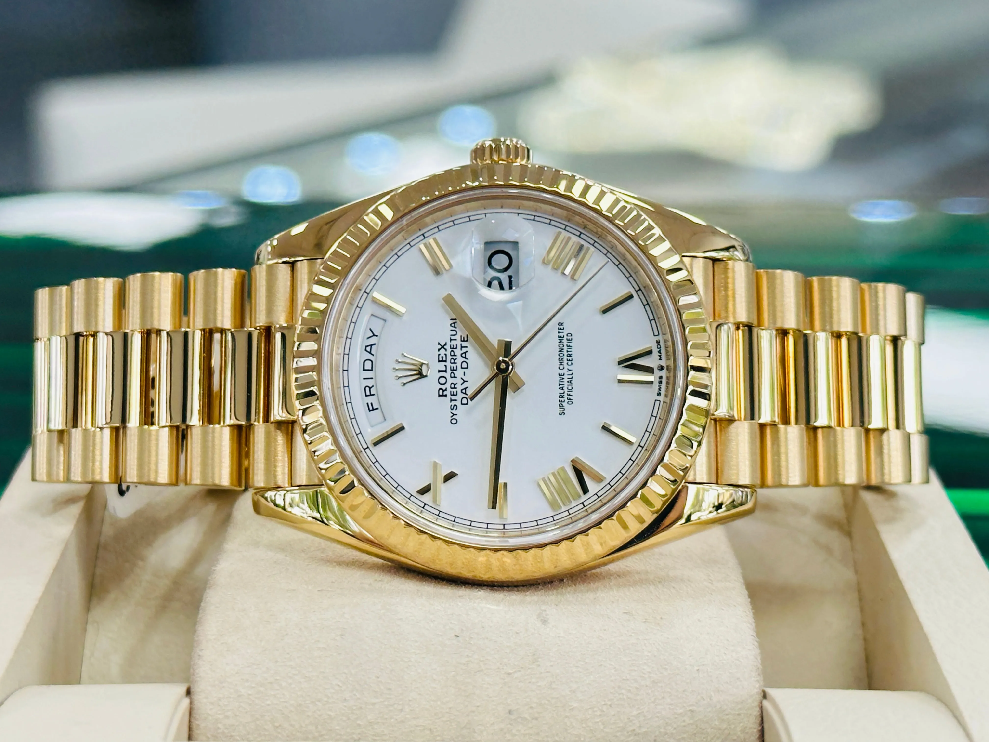   x DayDate 40 18K Yellow Gold 228238 White Roman Dial Box and Papers MINT