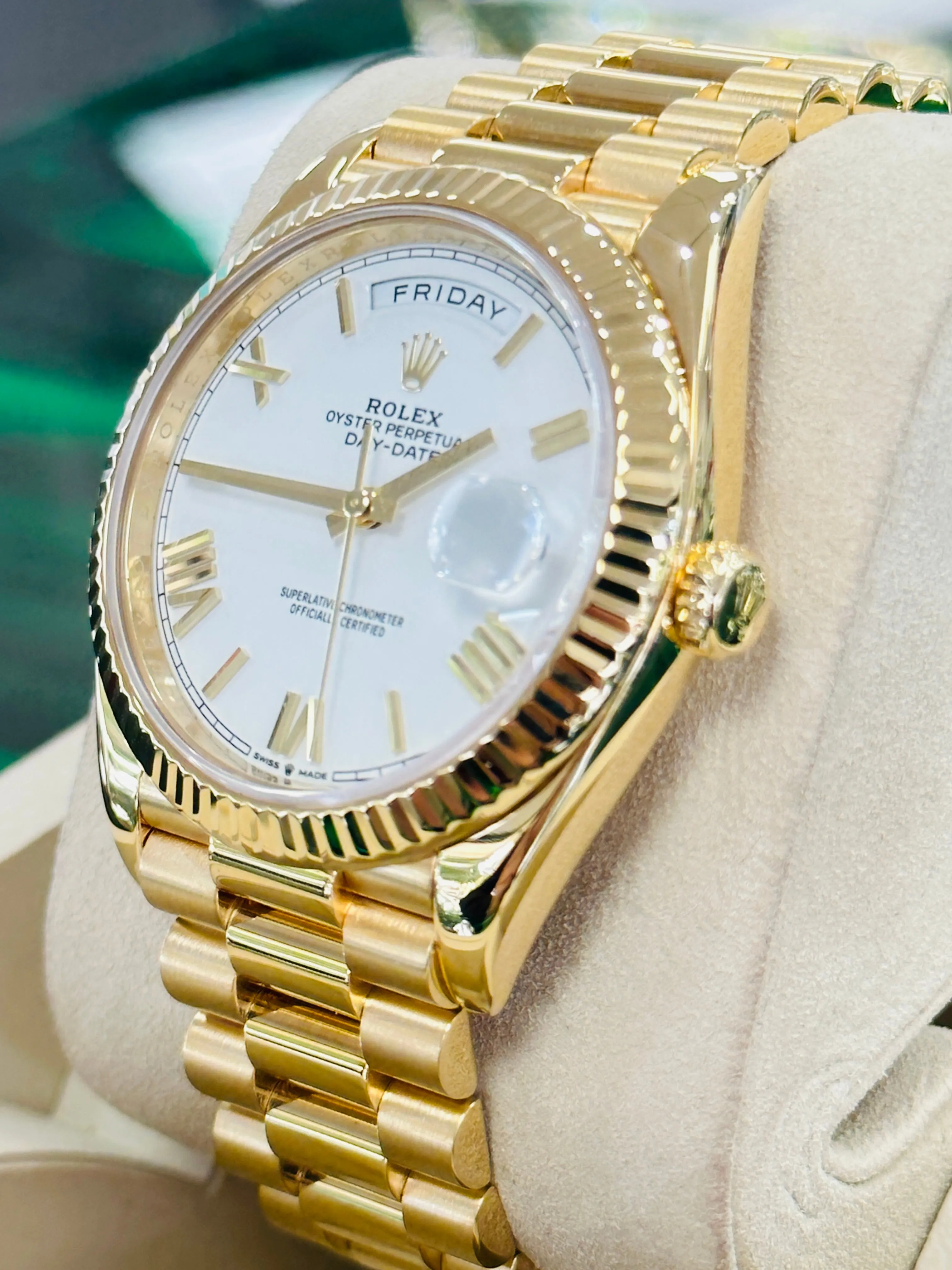   x DayDate 40 18K Yellow Gold 228238 White Roman Dial Box and Papers MINT