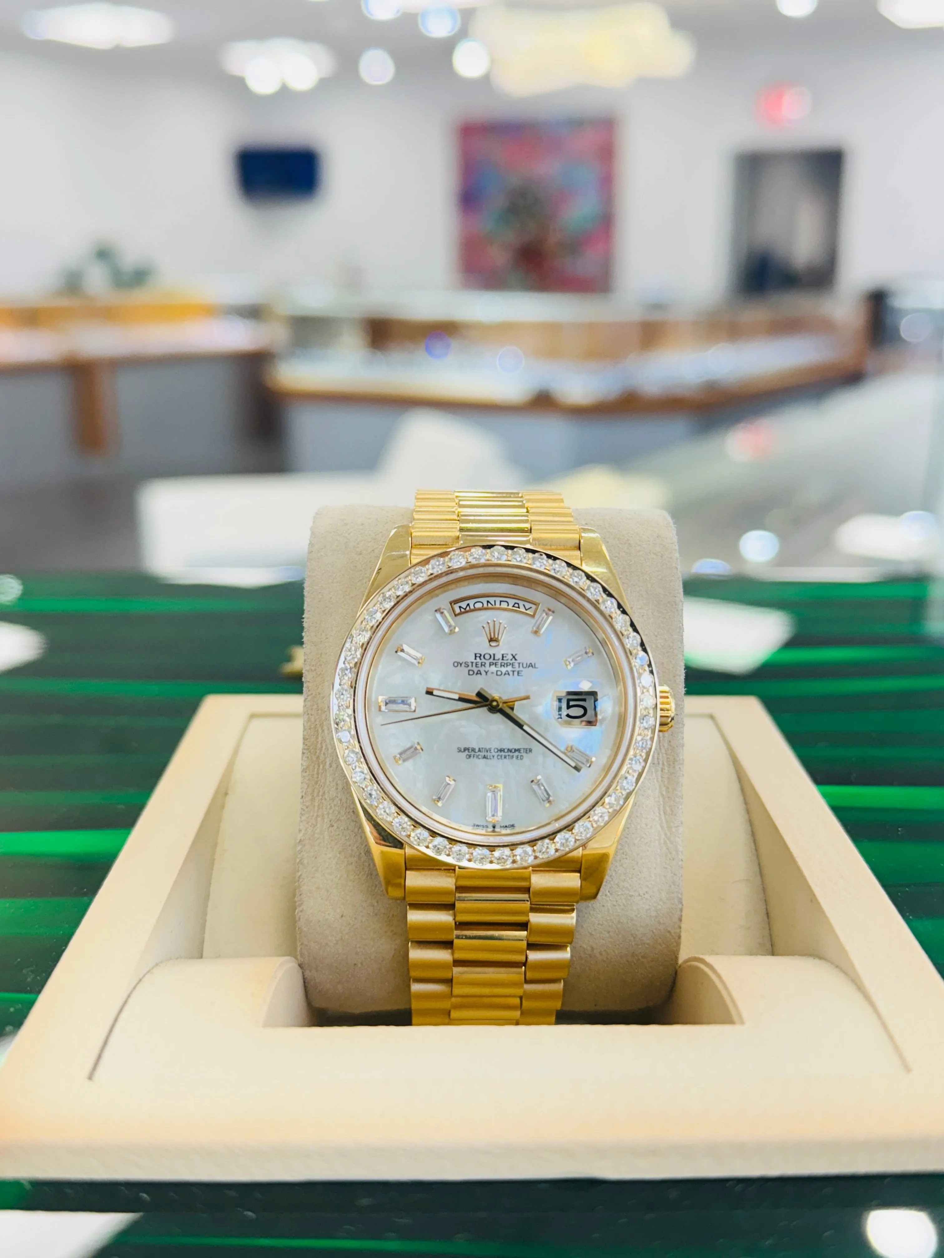   x DayDate 40 228238 Custom Diamond Mother oF Pearl Dial Custom Natural Diamond Bezel  Box and Paper MINT