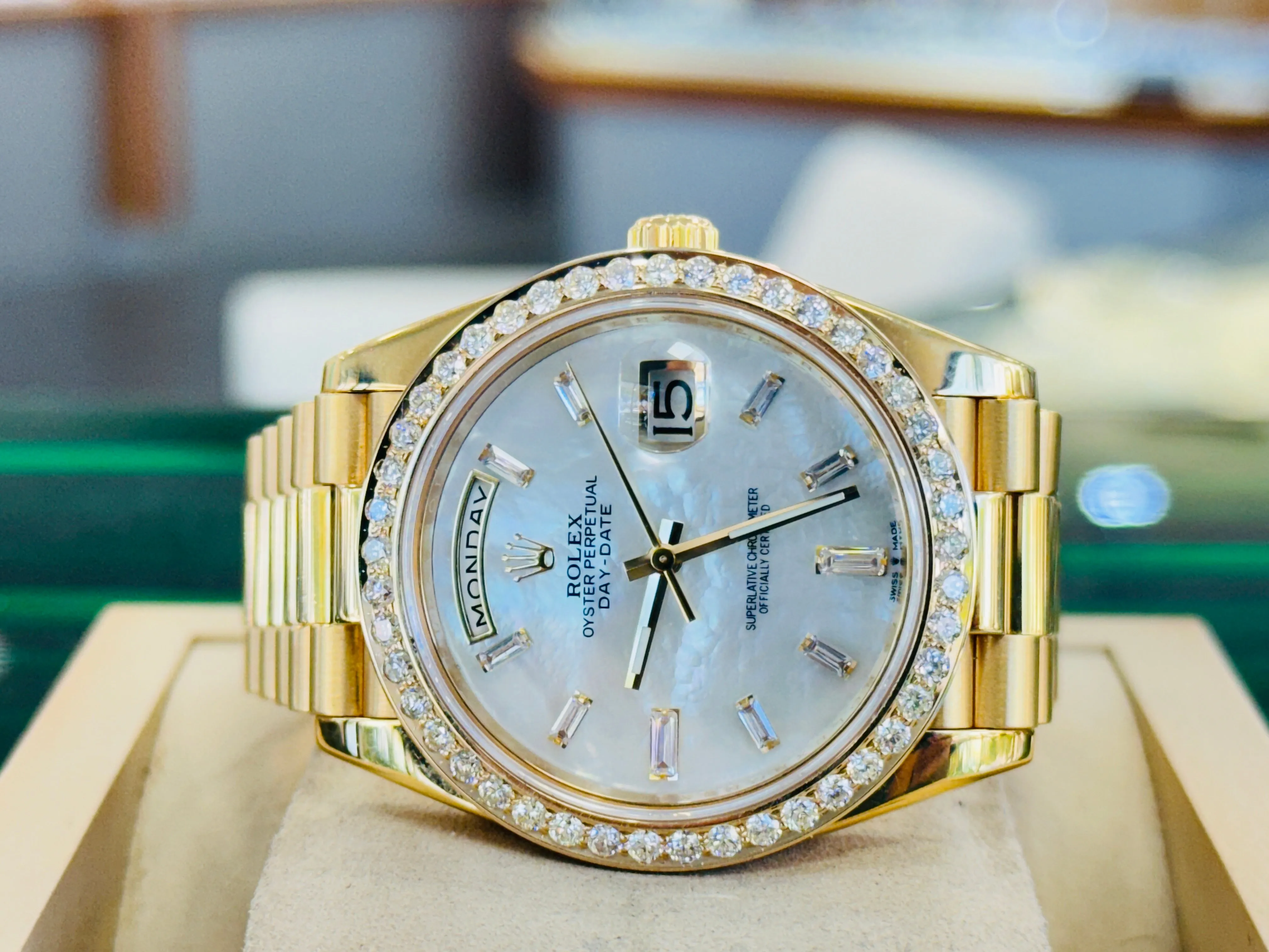   x DayDate 40 228238 Custom Diamond Mother oF Pearl Dial Custom Natural Diamond Bezel  Box and Paper MINT